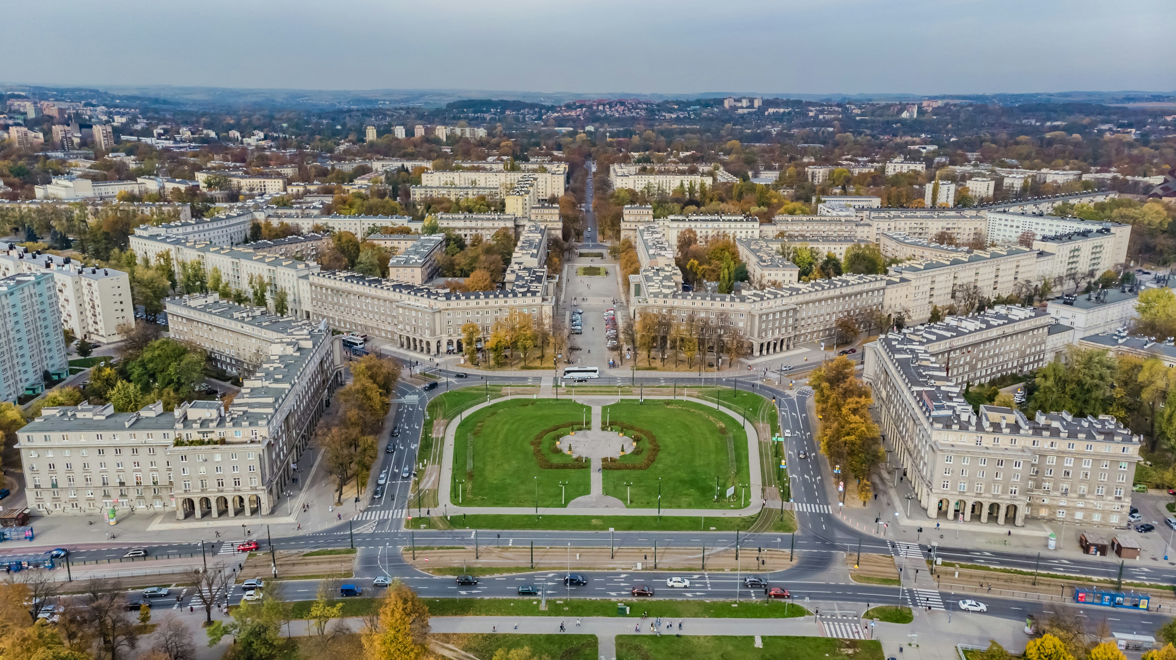 An aerial view of the streets of Nowa Huta in Krakow.