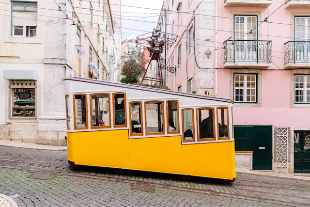 Bica Funcilar on the street of Lisbon old town, Portugal