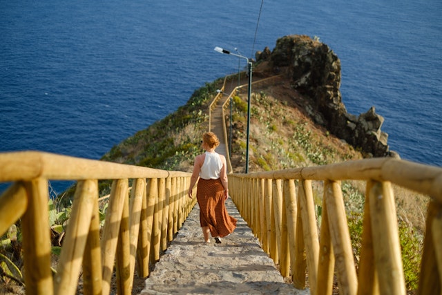 Rear View Of Woman On Railing By Sea