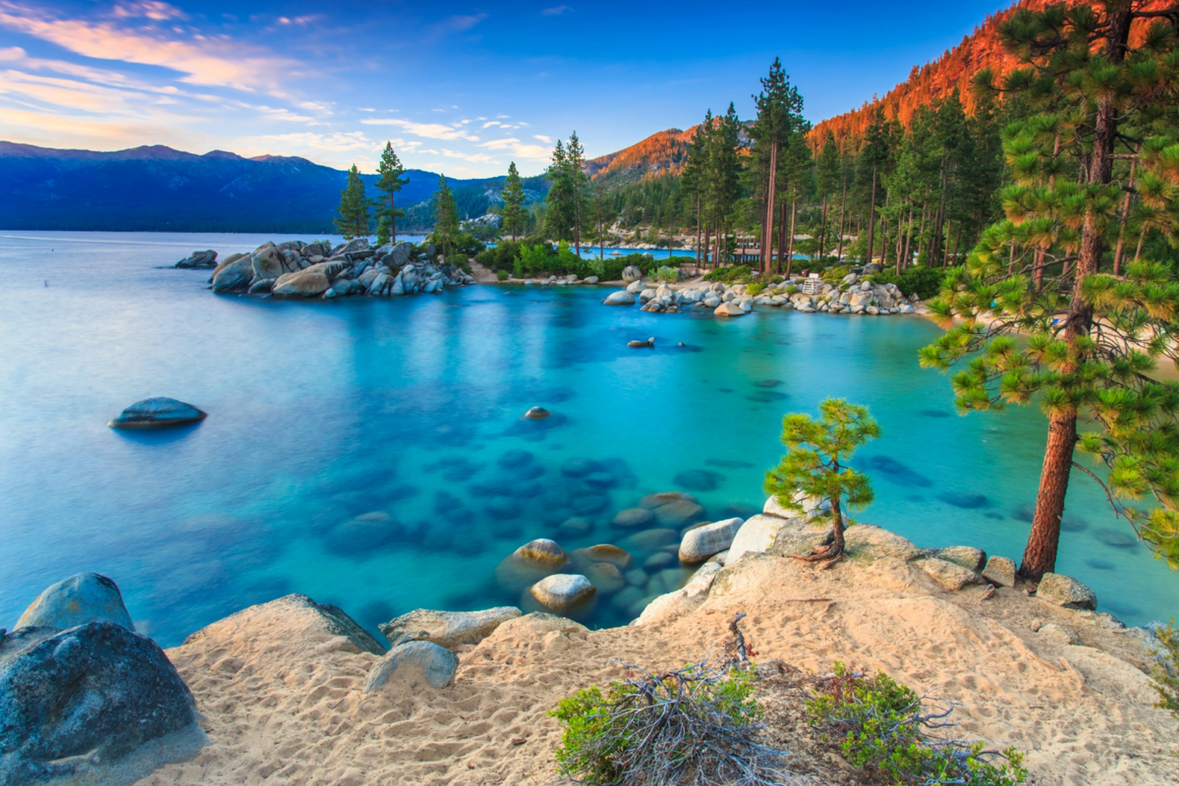 Blue waters seen from a beach at Lake Tahoe