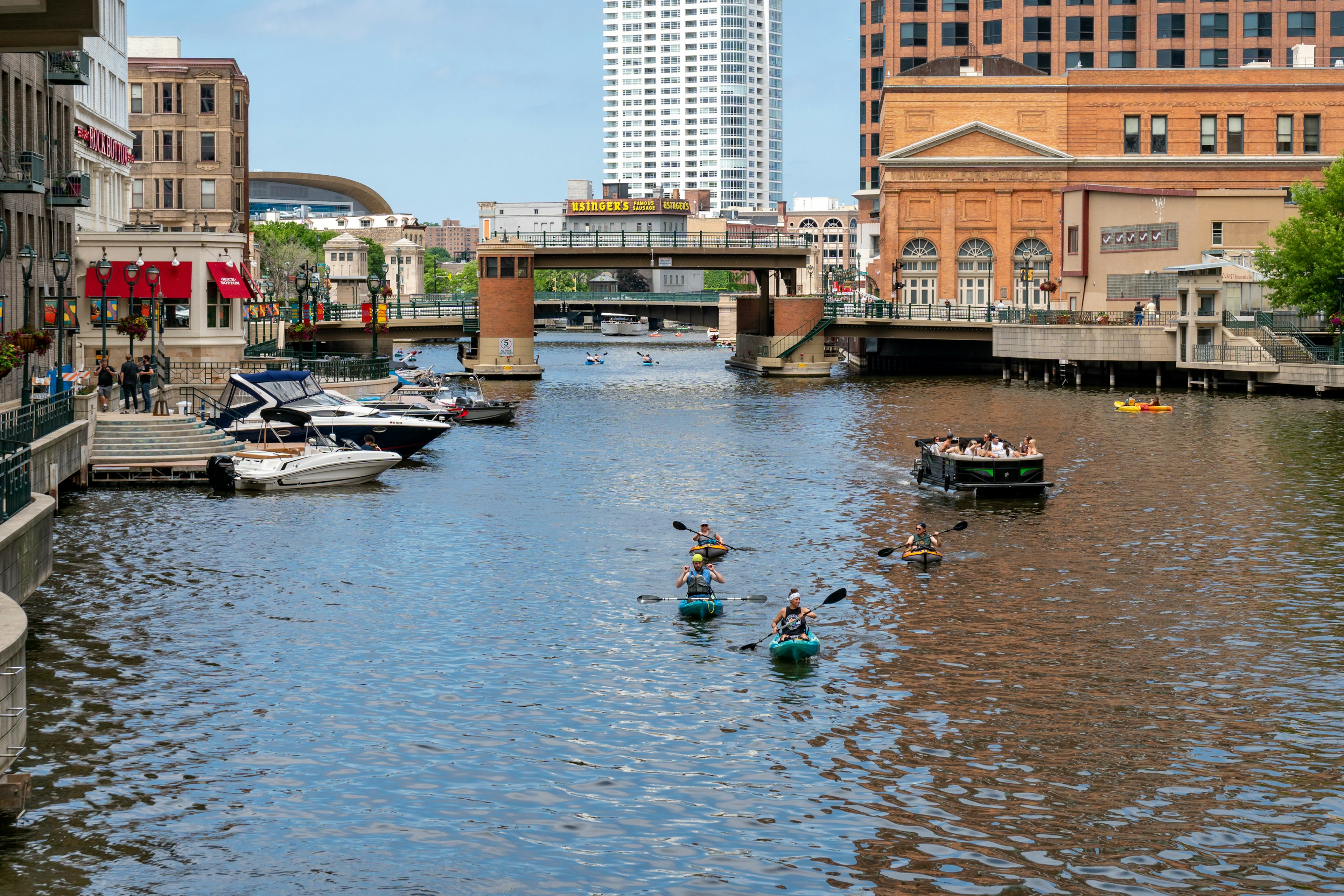 Kayakers on the Milwaukee River near the RiverWalk