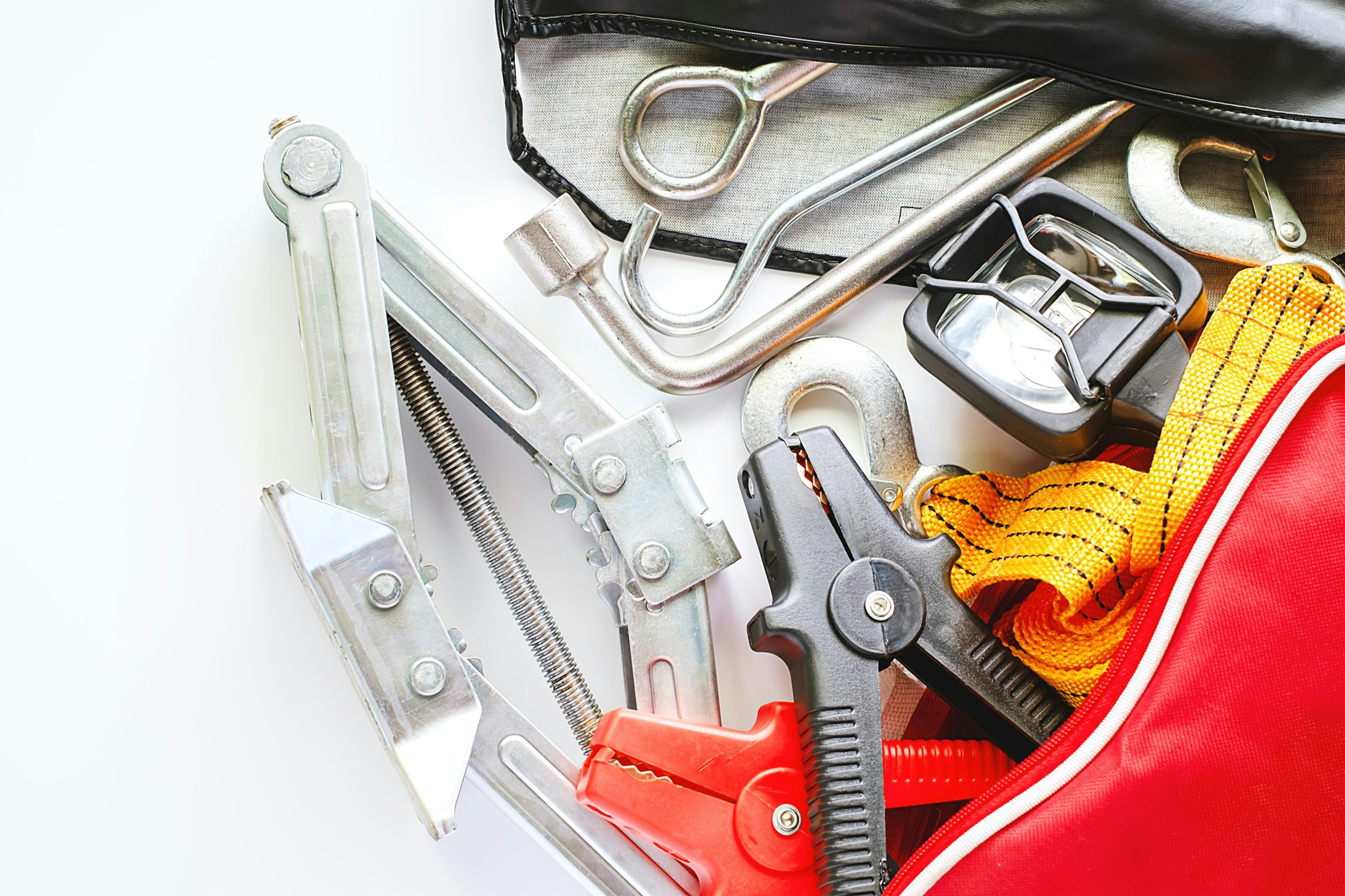 Car emergency kit on white background for vehicle and transportation concept