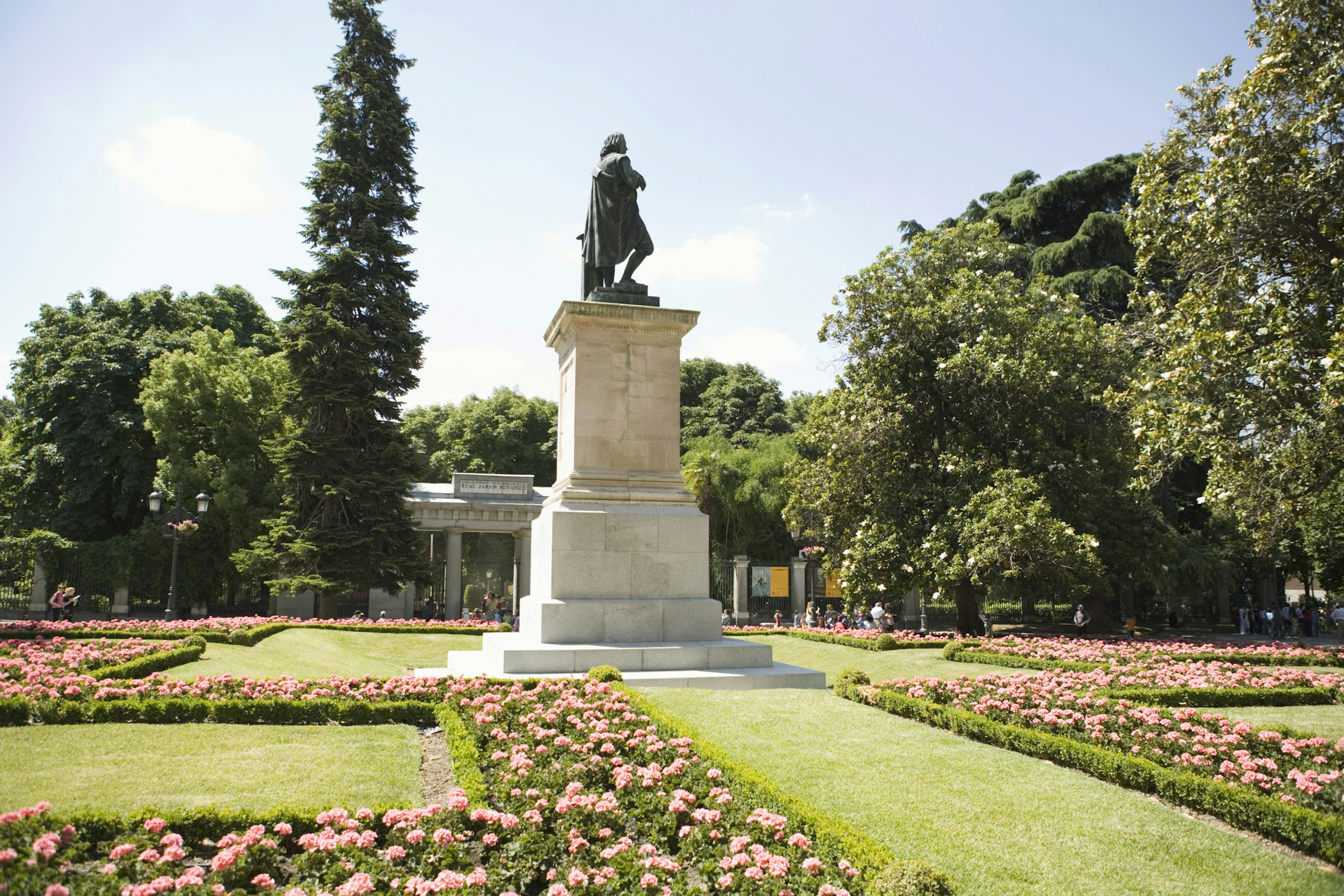 View of a statue in the Royal Botanic Garden in Madrid, Spain