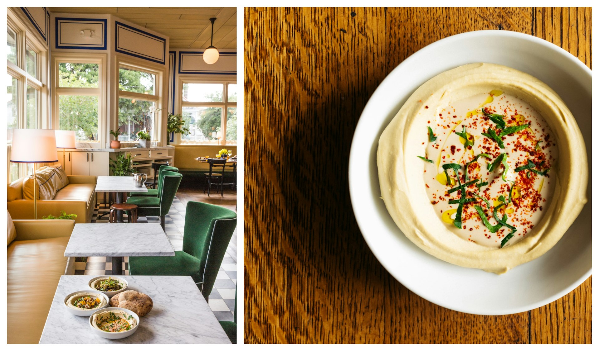 Plates of pita and hummus on a restaurant table and a bowl of silky hummus. 