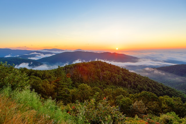 Sunrise behind the mountains of Shenandoah National Park, Virginia
