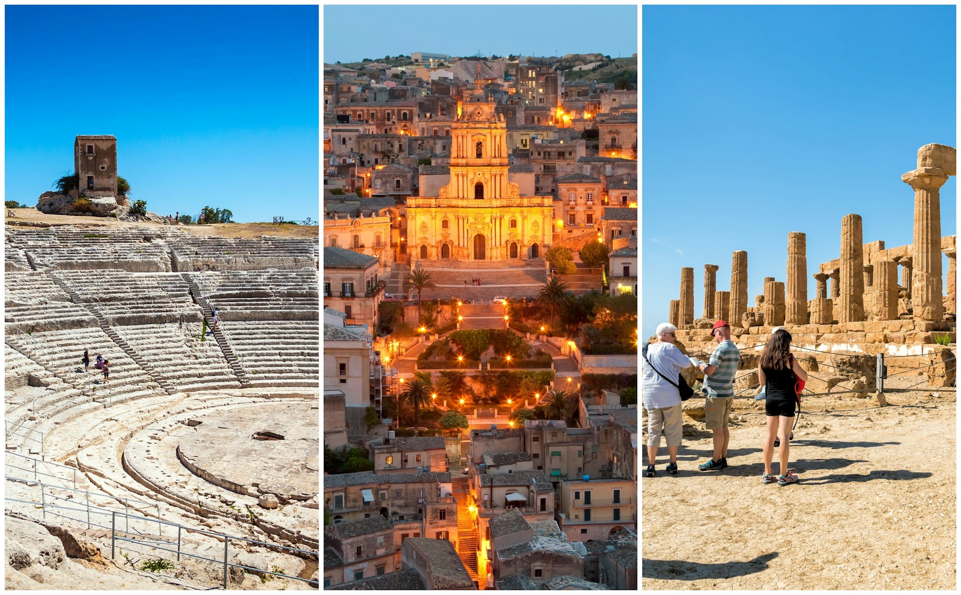 Left: An ancient amphitheater; middle: a view of church lit up at night; right: tourists admire ancient ruins