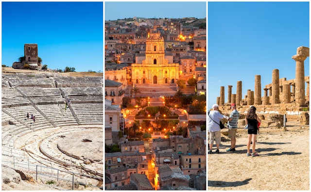 Left: An ancient amphitheater; middle: a view of church lit up at night; right: tourists admire ancient ruins