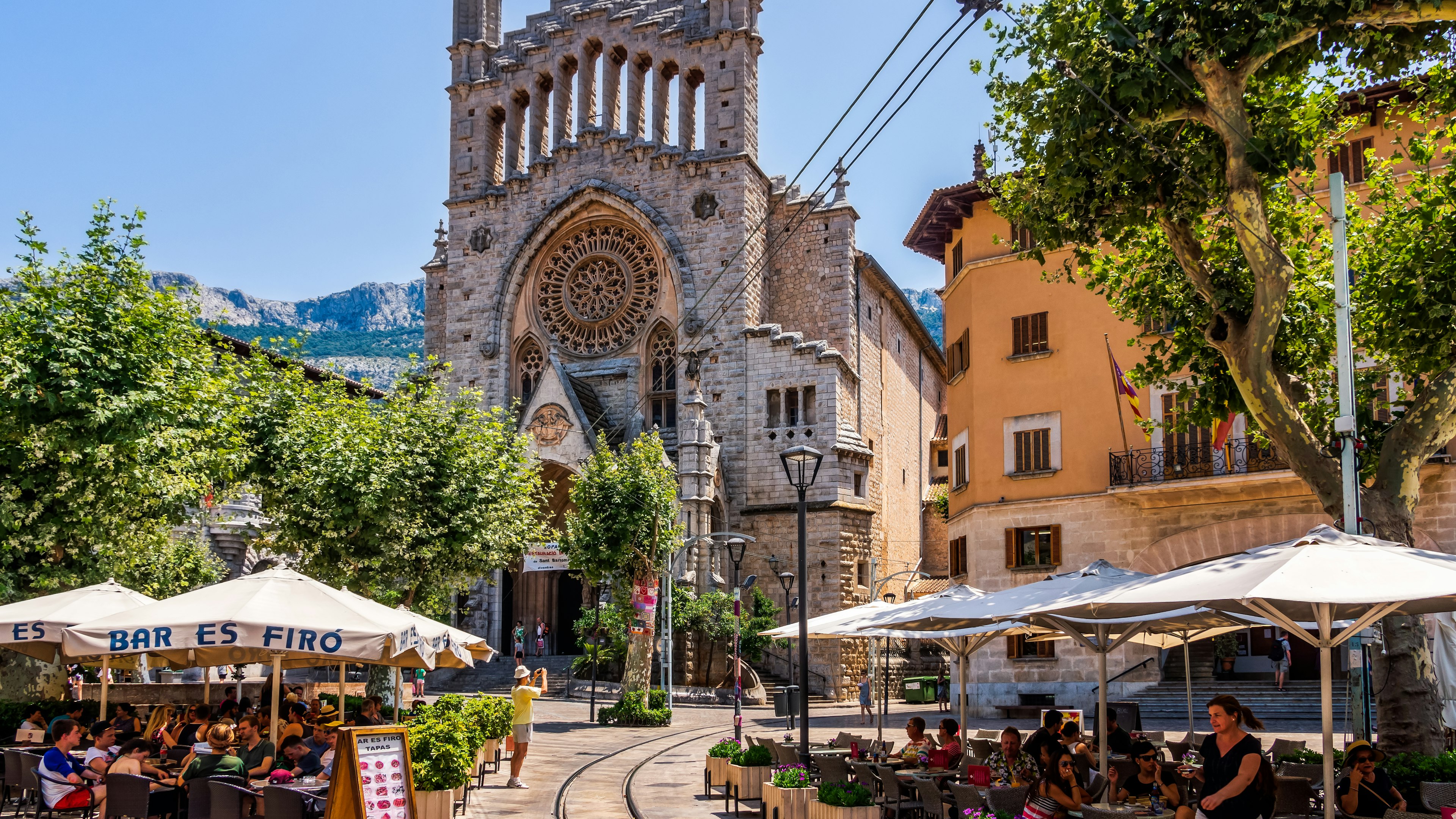 St Bartholomew church and city square, Soler, Spain