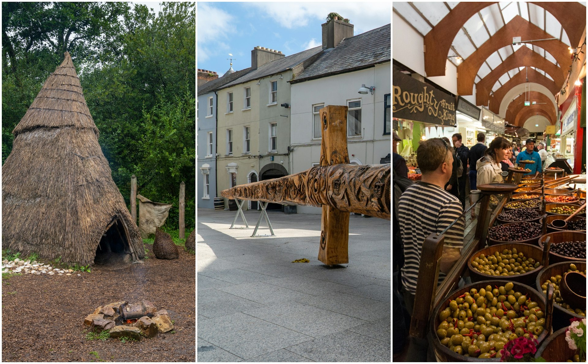 Left: a cone-shaped shelter made of sticks; center: a historic city square; right: produce for sale in a market