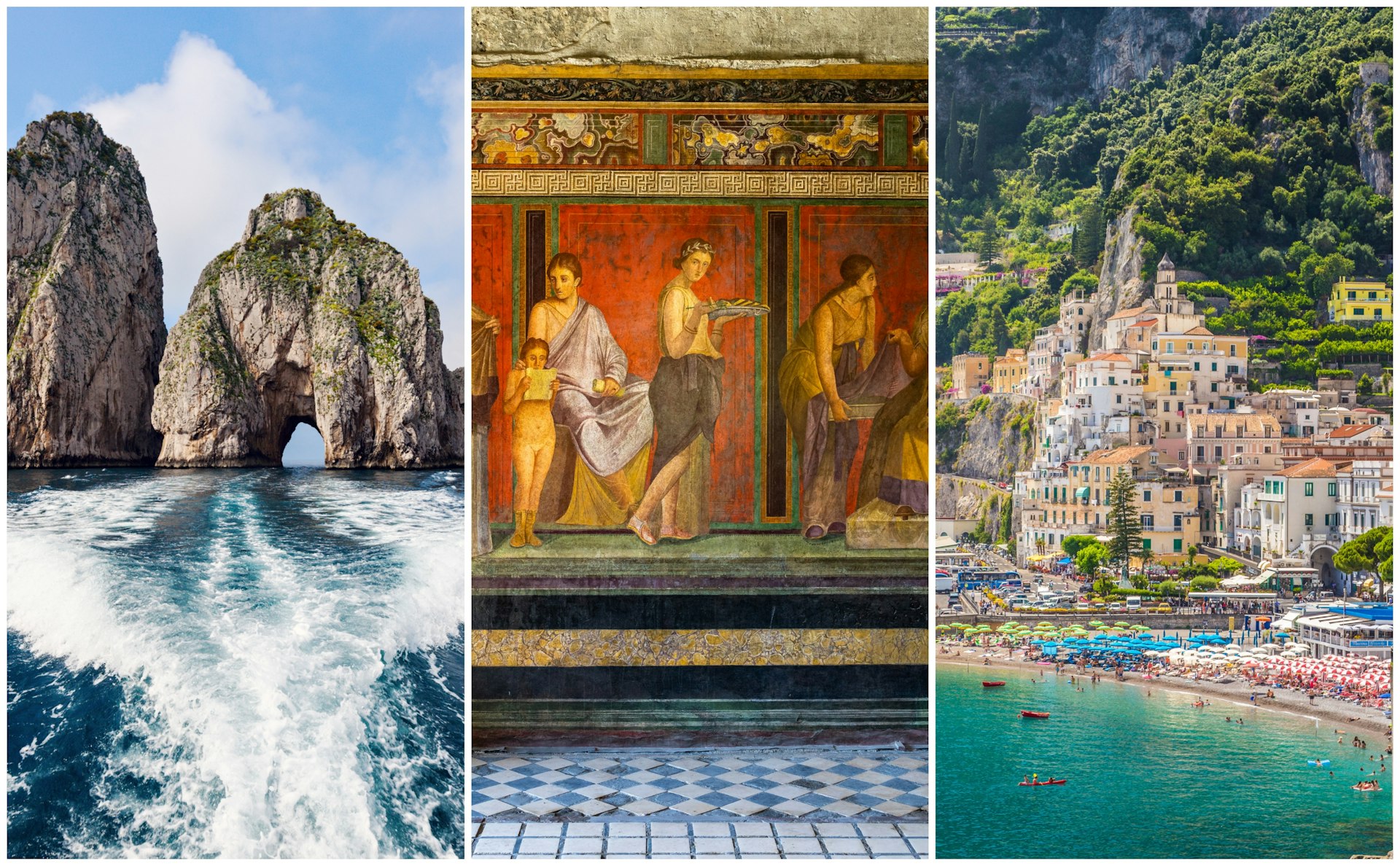 Left: a sea arch; middle: ancient frescoes and a tiled floor; right: view of a seaside city with a small beach