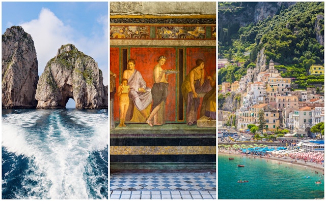 Left: a sea arch; middle: ancient frescoes and a tiled floor; right: view of a seaside city with a small beach