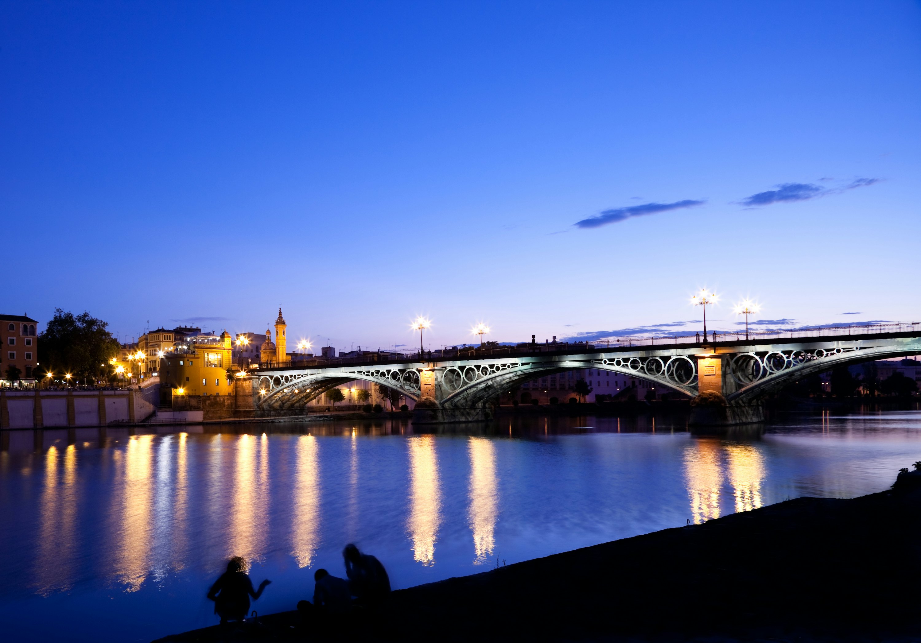 The Triana Bridge spanning the Guadalquivir river in Seville illuminated at night