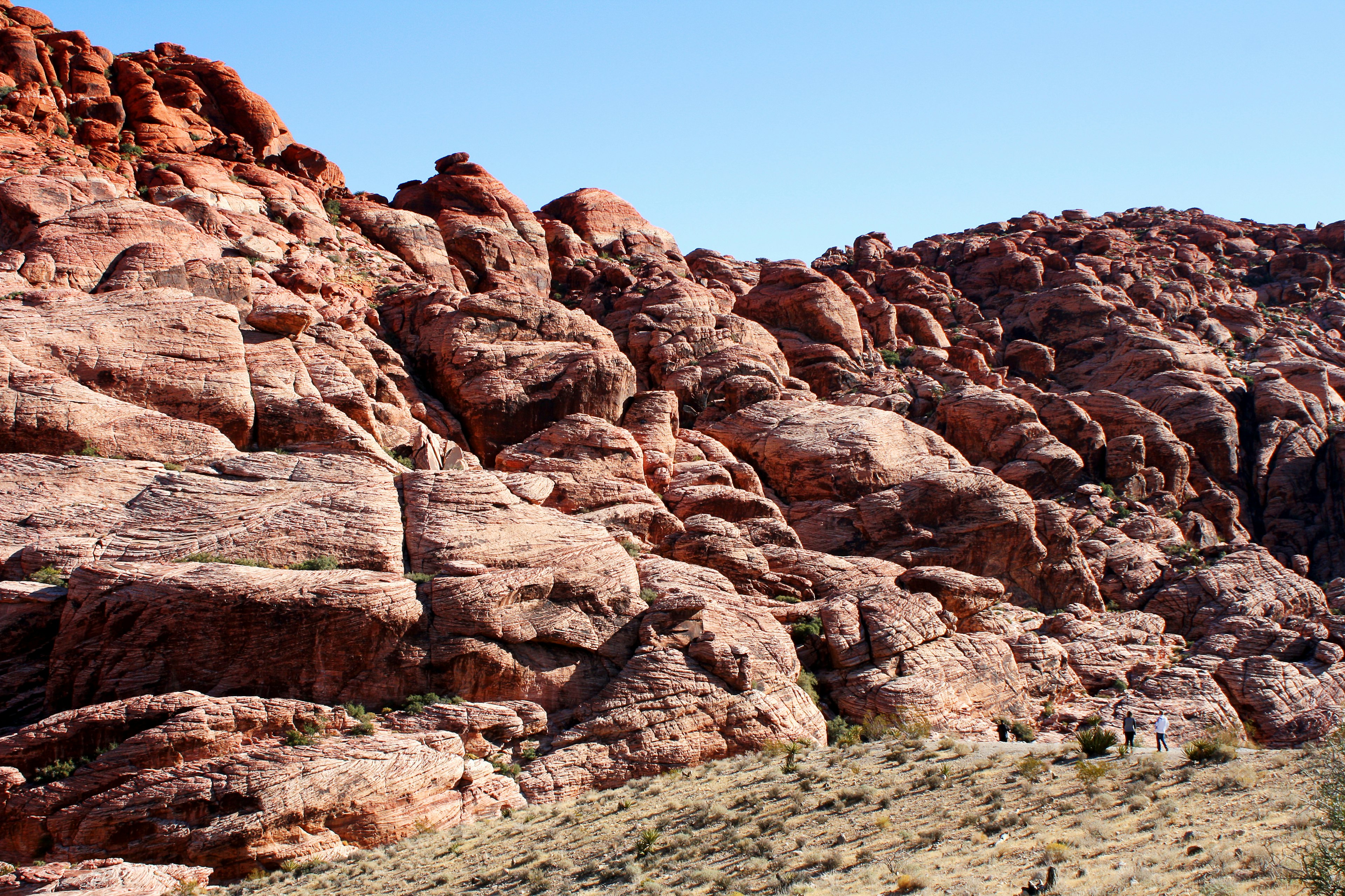 Hikers examine rock formations in Red Rock Canyon.