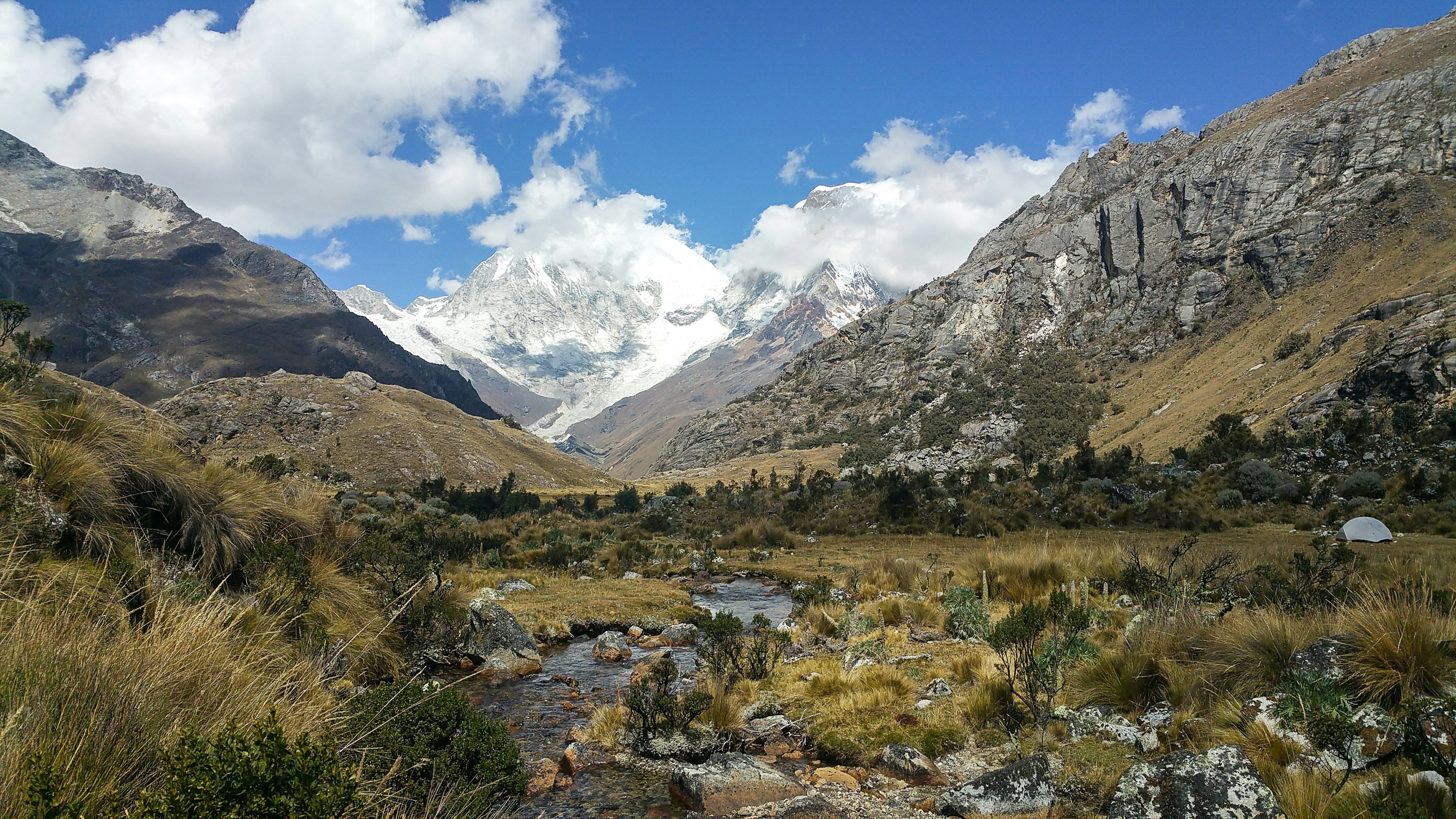 A mountain valley in Huascarán National Park covered in golden grasses with a stream running through it and large mountain peaks in the background.