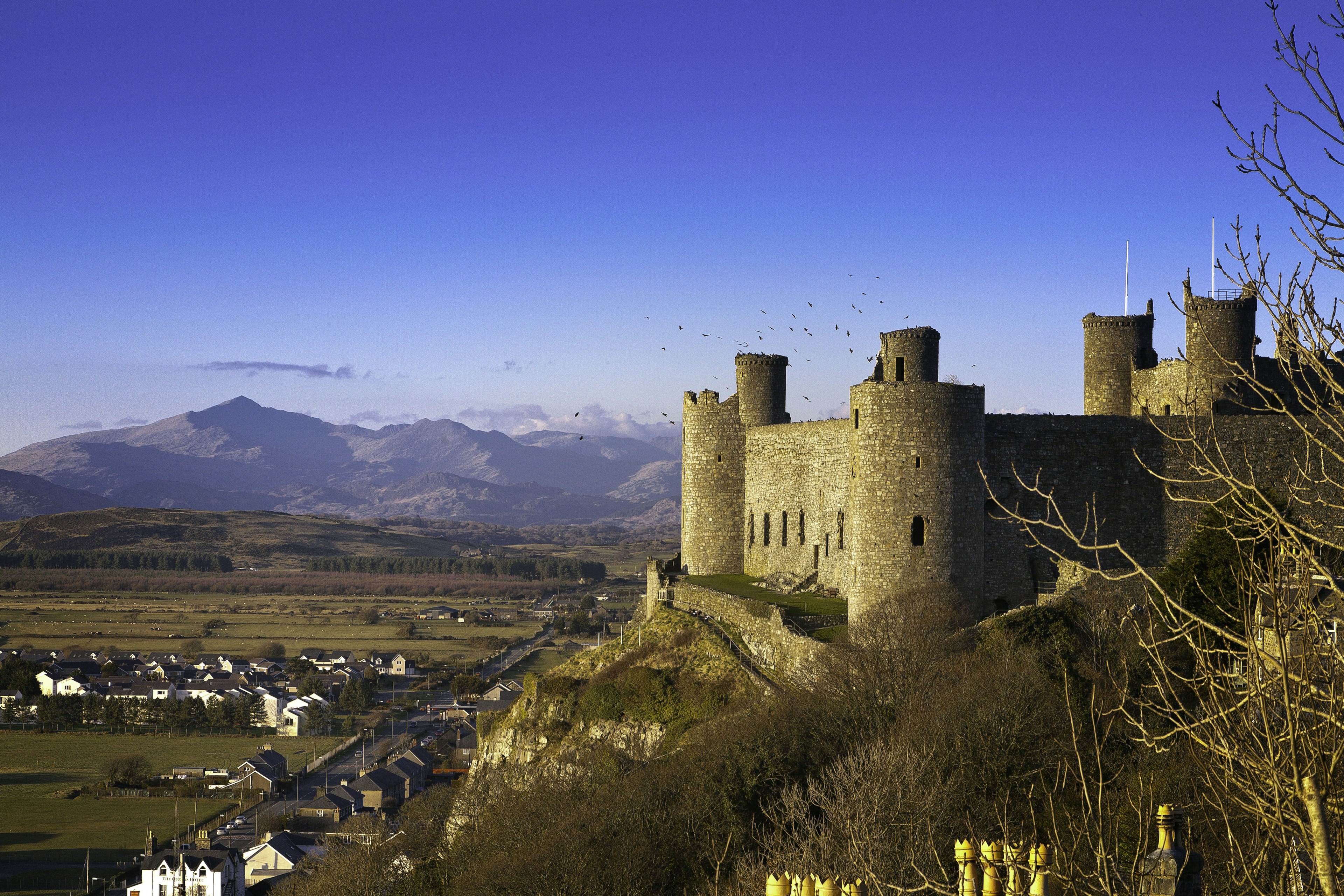 Harlech Castle overlooking the valley below