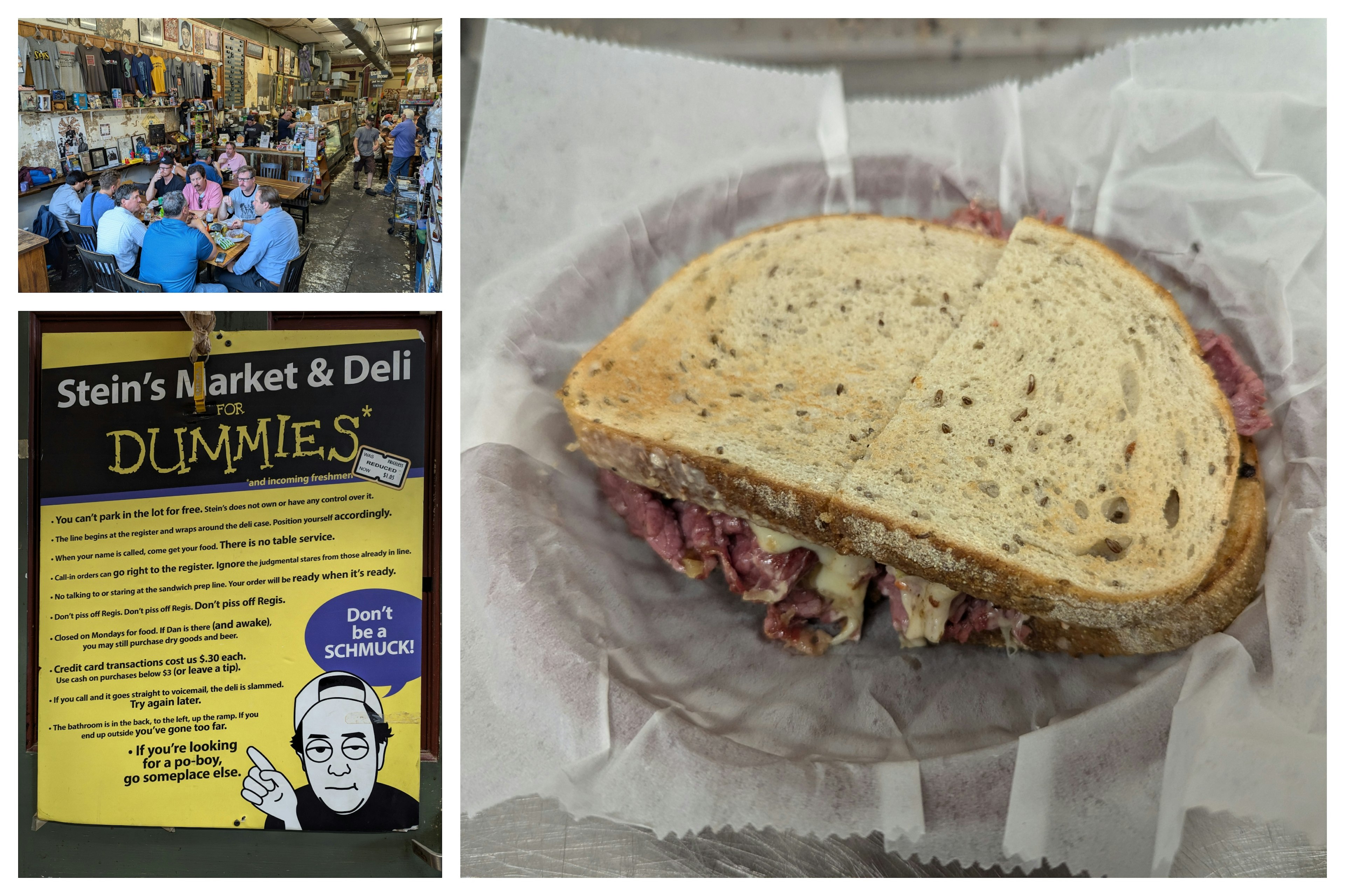 Interior of a busy deli with people sat at large tables, a poster about the deli rules, and a lightly toasted sandwich with meat and sauce