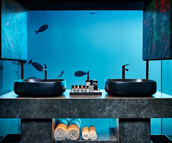 The undersea bathroom at the Muraka Suite at Conrad Maldives Rangali Island, Maldives