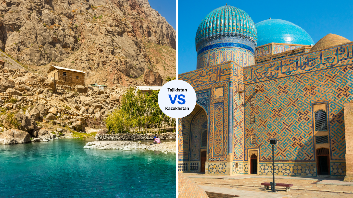 L: Seven Lakes, Fann Mountains, Tajikistan; R: Mausoleu d'Ahmad Yasawi in Turquestan