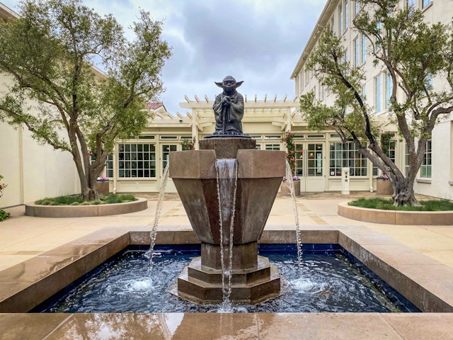 The Yoda fountain statue outside the Letterman Digital Arts Center.