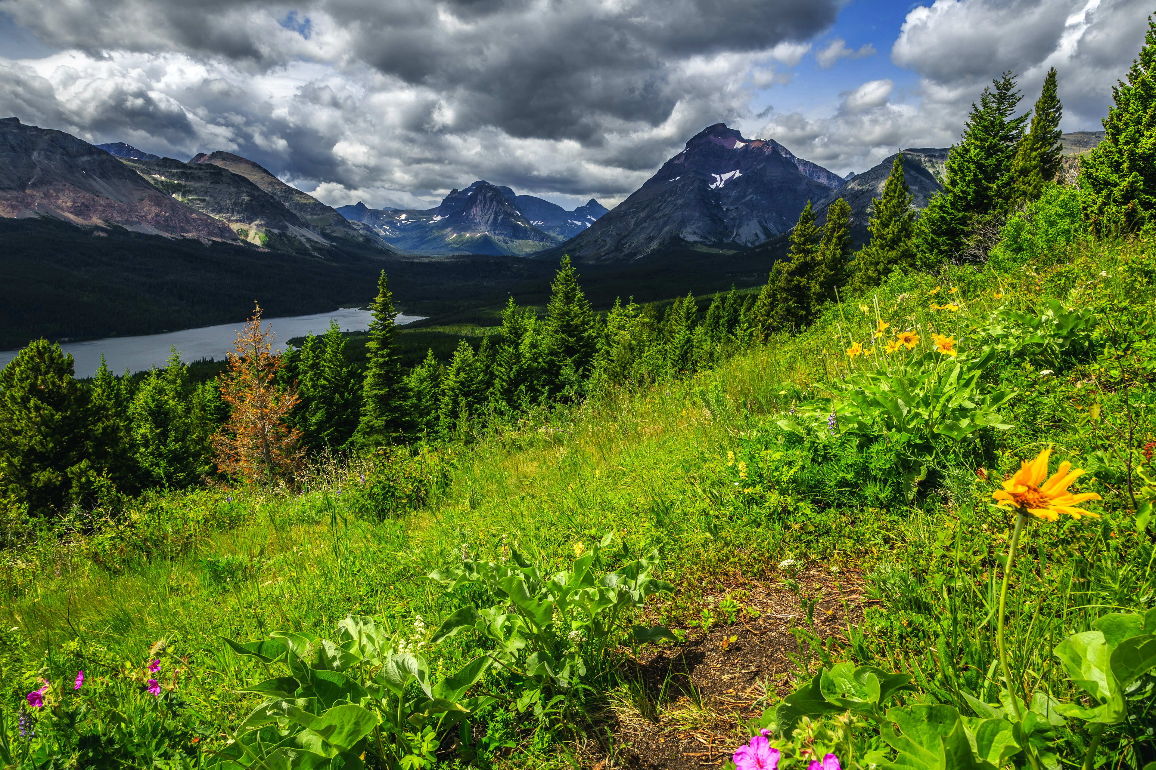 Scenic views of Two Medicine Lake, Glacier National Park on Dawson-Pitamakam Loop