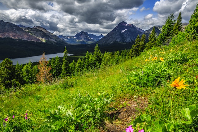 Scenic views of Two Medicine Lake, Glacier National Park on Dawson-Pitamakam Loop