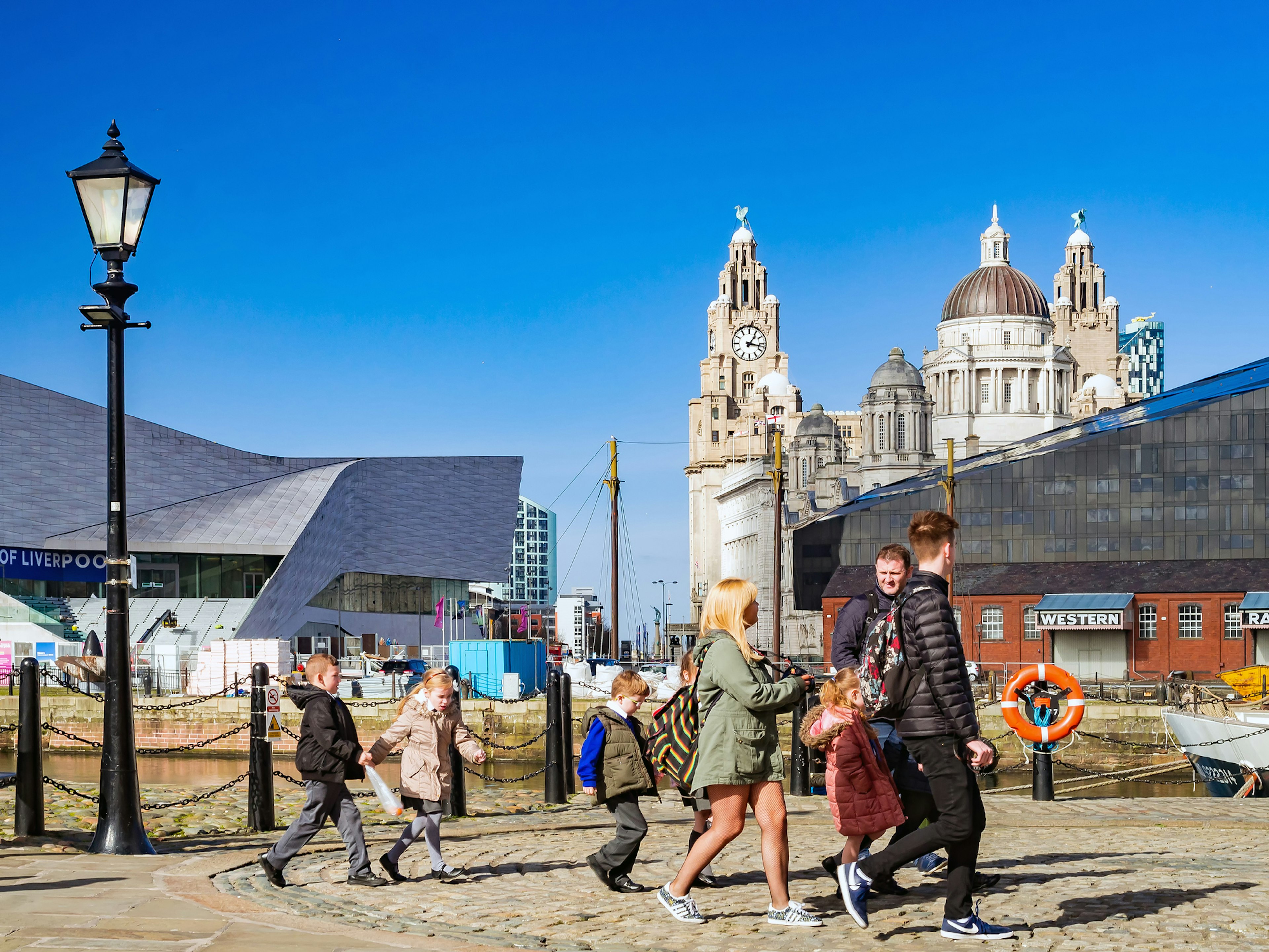 A view of the Albert Dock and Pier Head area at the Port of Liverpool and Royal Liver building part of the well known