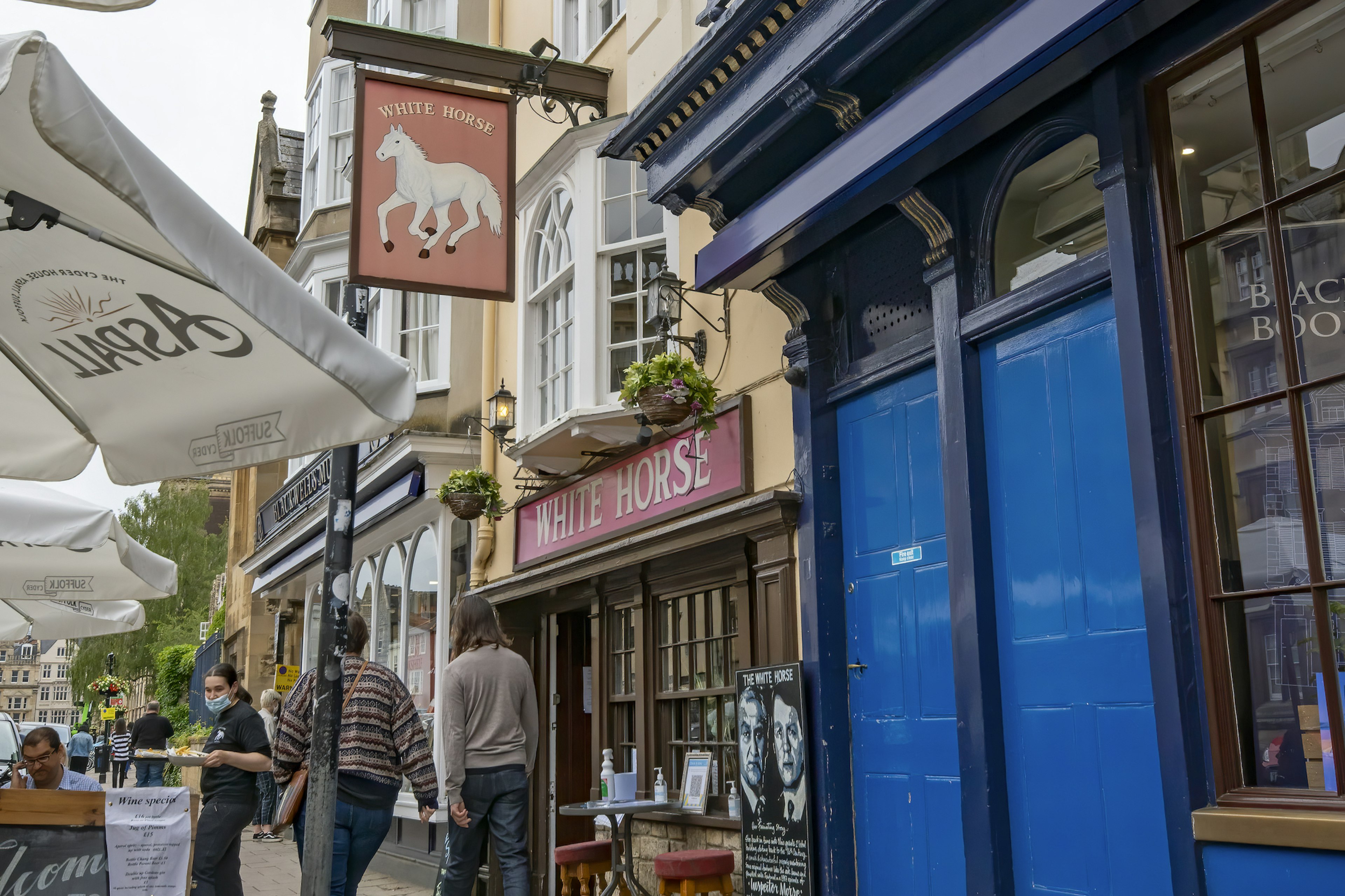 The exterior of the White Horse pub on Broad Street, Oxford, Oxfordshire, England, United Kingdom