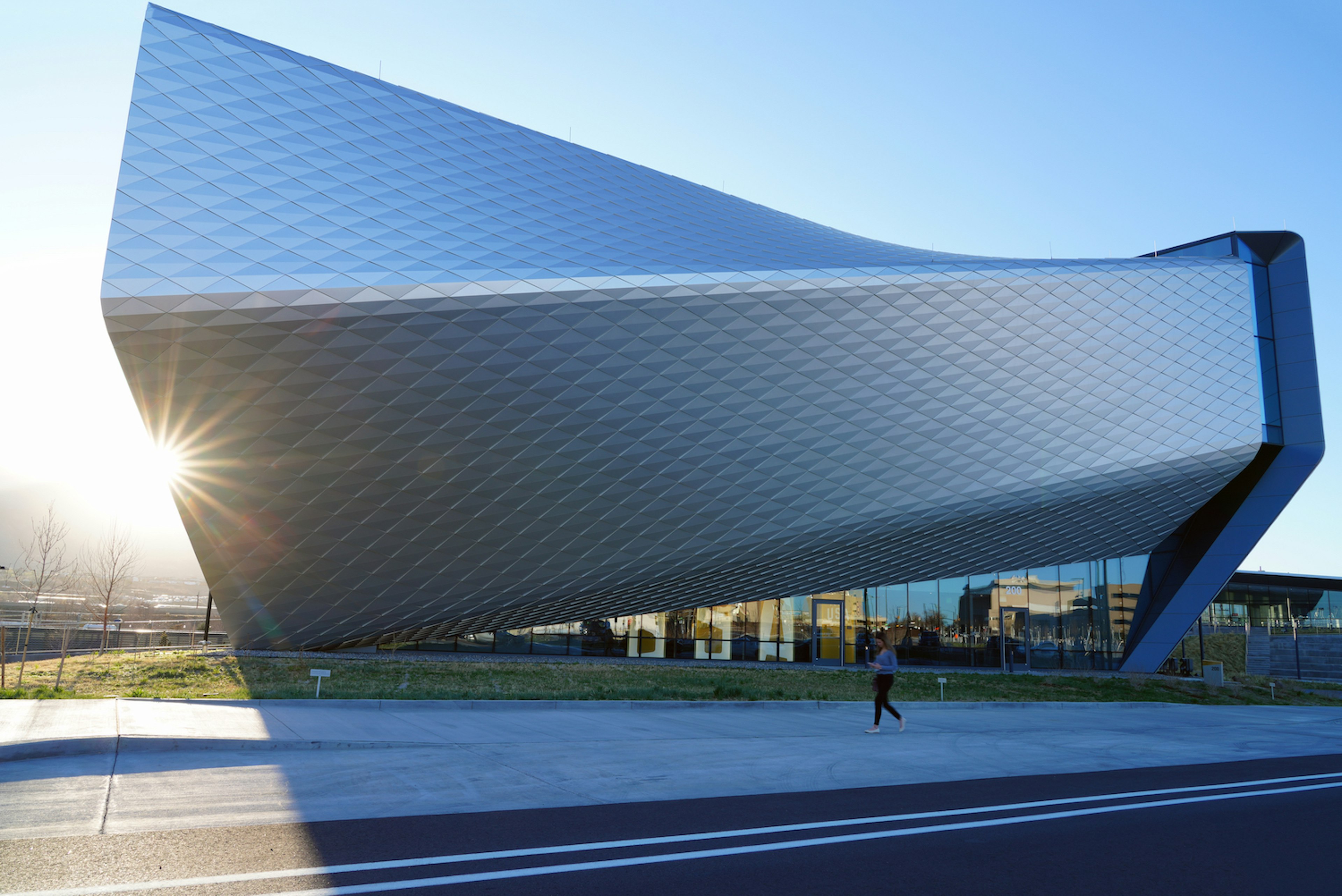 The exterior of the United States Olympic & Paralympic Museum in the shadow of the setting sun, Colorado Springs, Colorado, USA