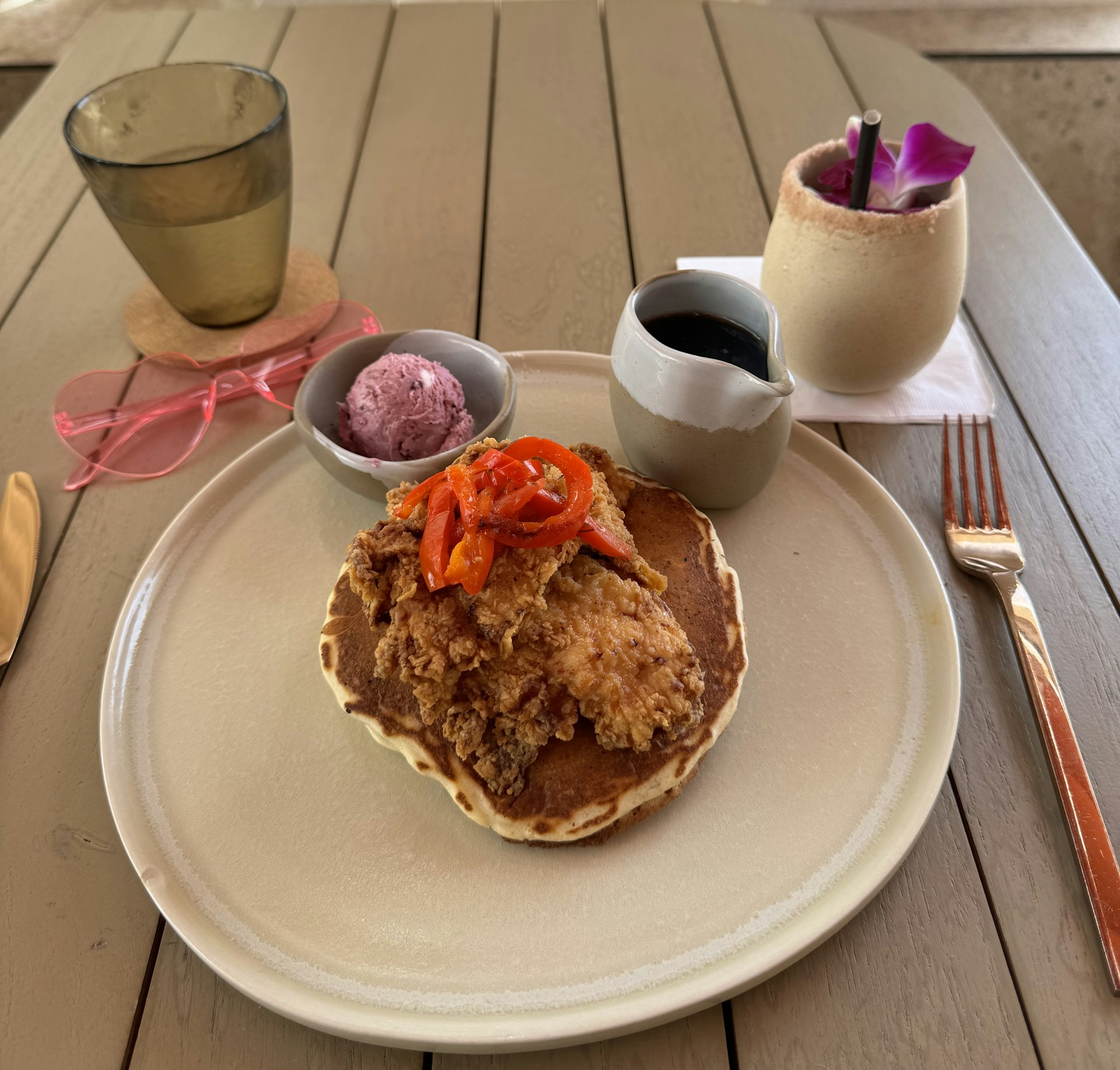 Chicken and pancakes with frills at Marelle in Santa Monica. 