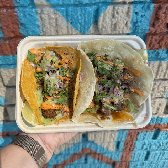 A fusion Middle Eastern and Latin American taco at Mideast Tacos.