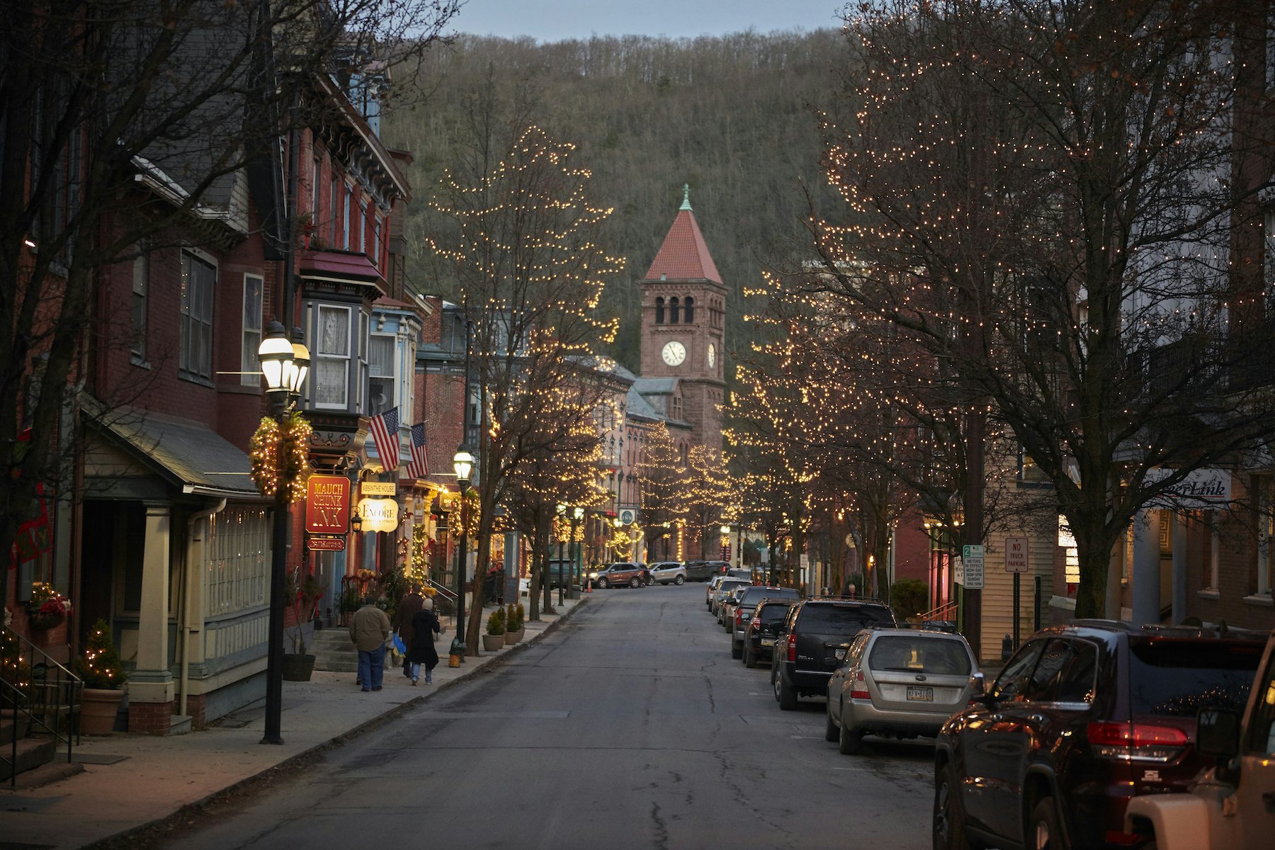 A festively decorated street in the town of Jim Thorpe in the Poconos Region, PA