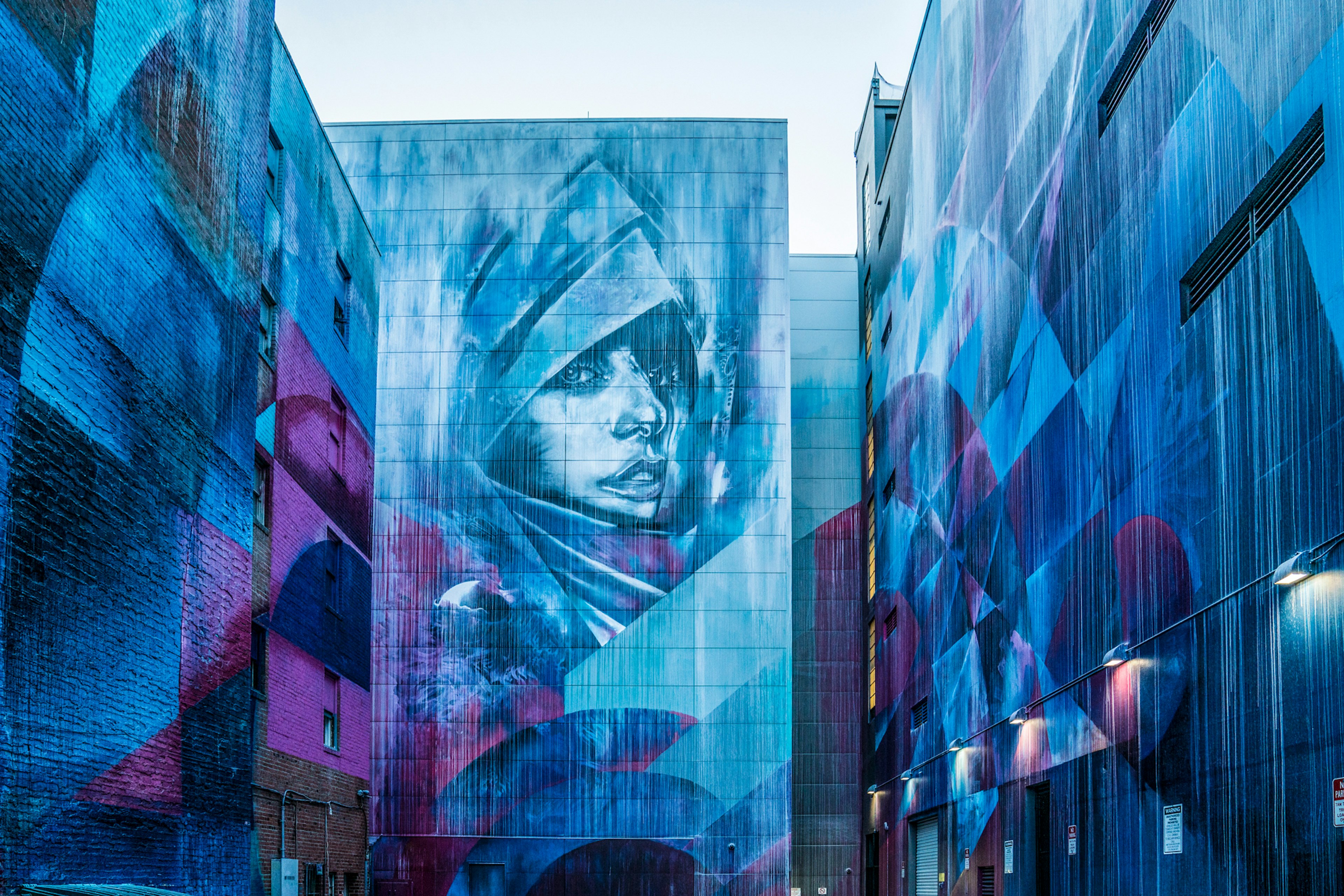 Wide Open Walls mural of a person's face in blue and purple, Sacramento, California