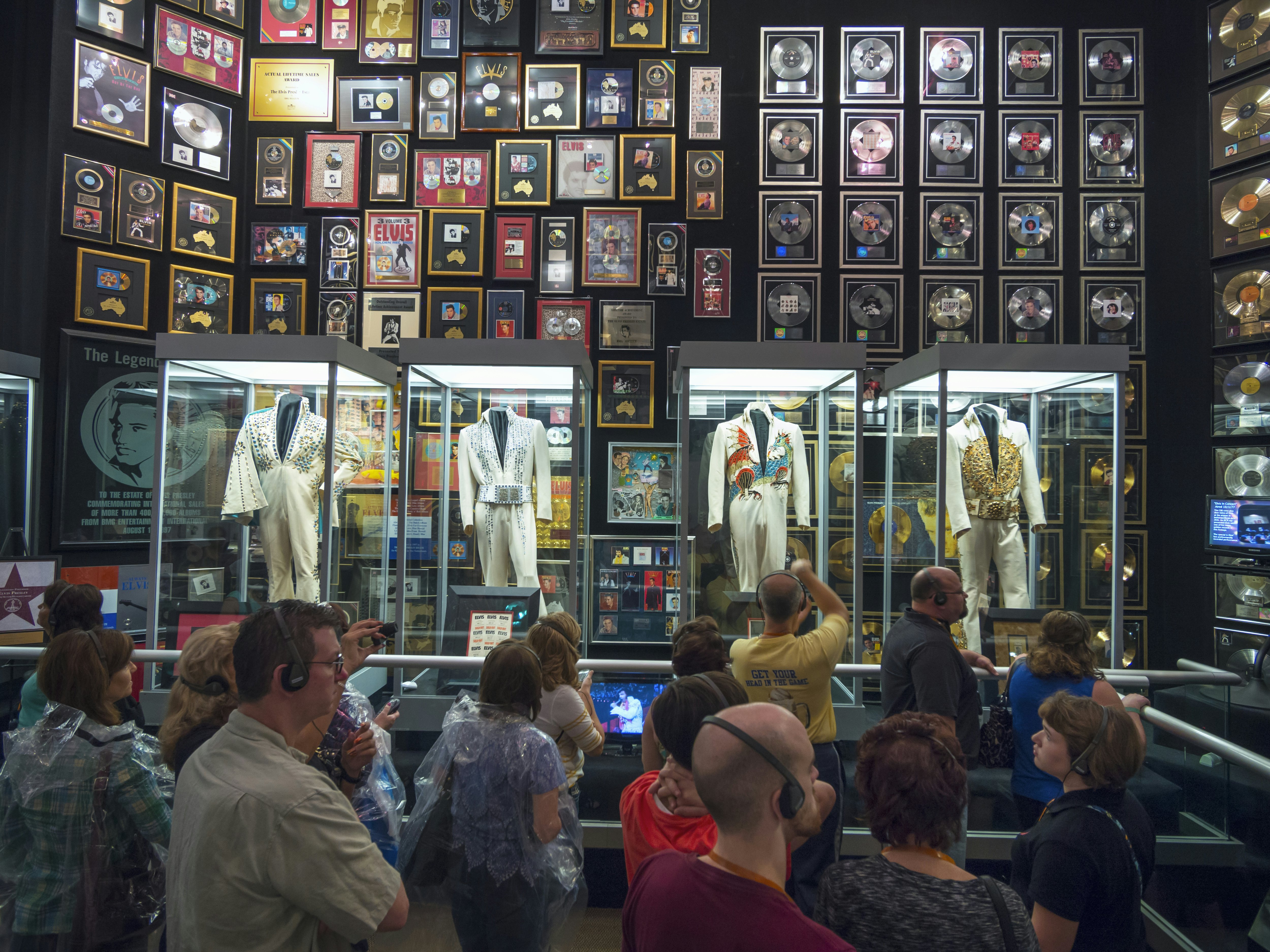 Elvis Presley memorabilia on display in the racquetball building in Graceland.