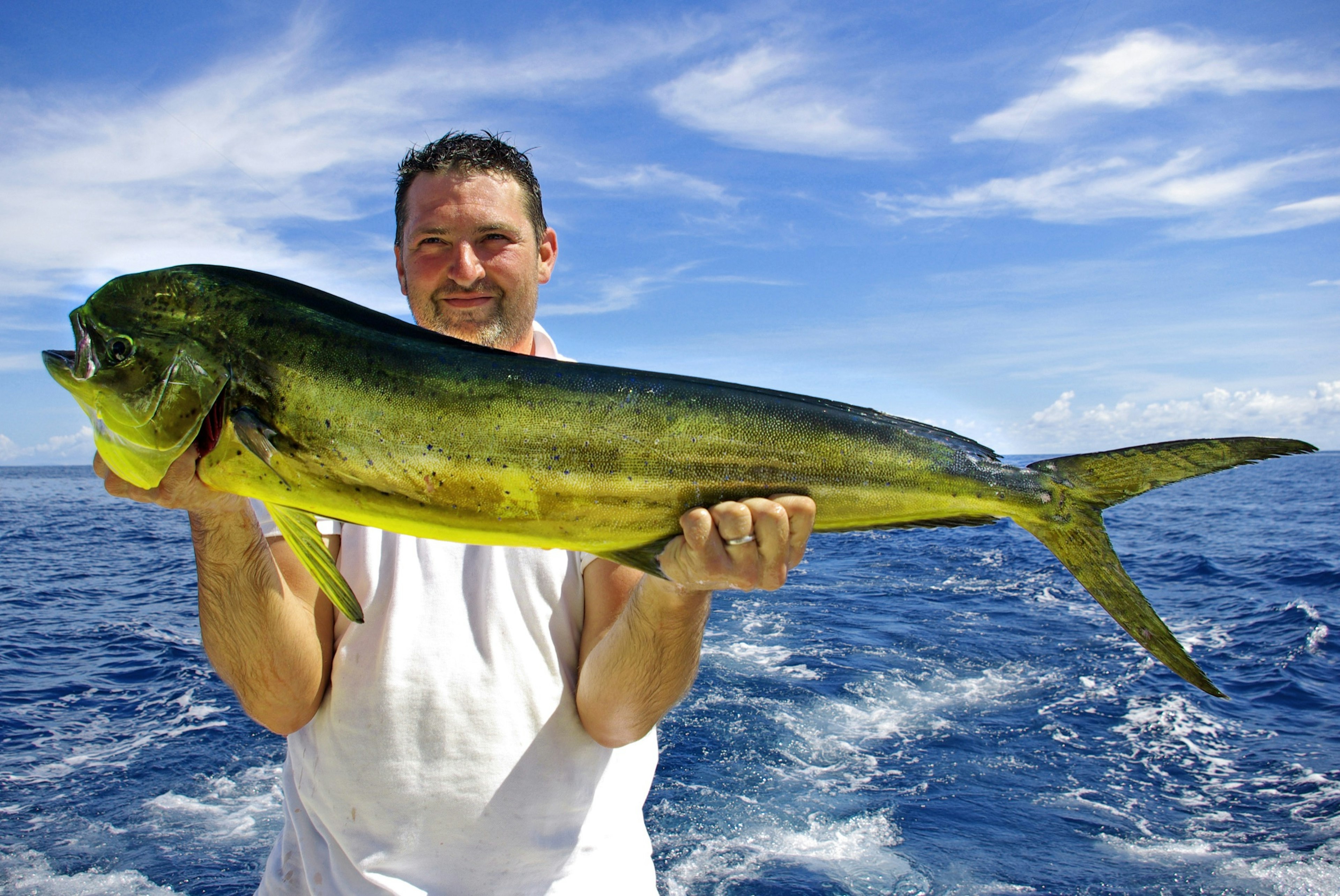 Lucky,Fisherman,Holding,A,Beautiful,Dolphin,Fish