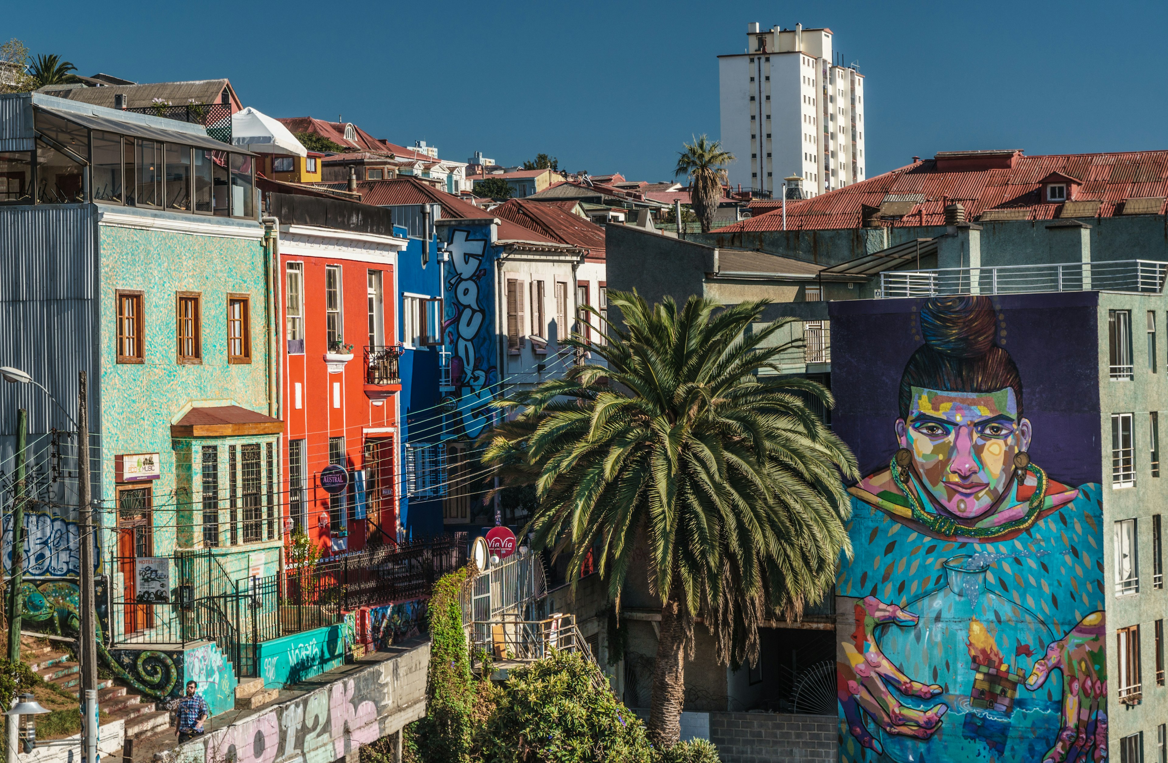 View across the bohemian area of Cerro Concepcion with street murals, Valparaiso, UNESCO World Heritage Site, Chile