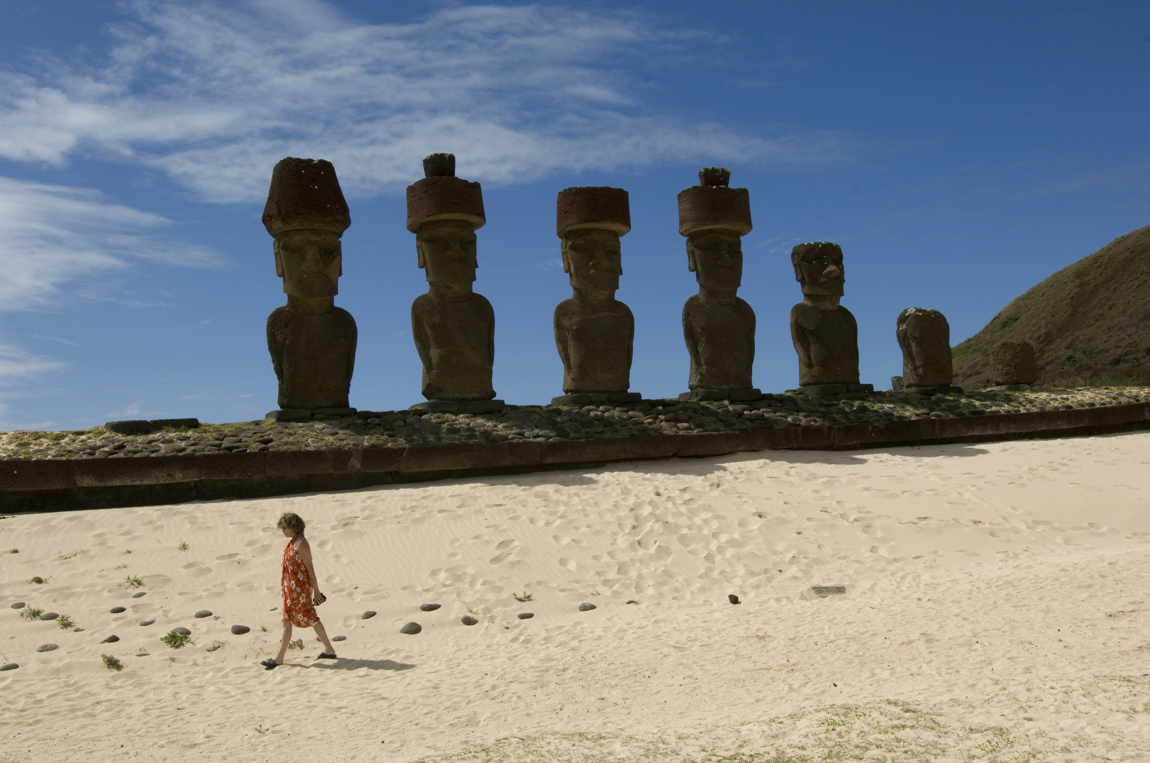 Tourist Walking on Beach Past Easter Island Moai