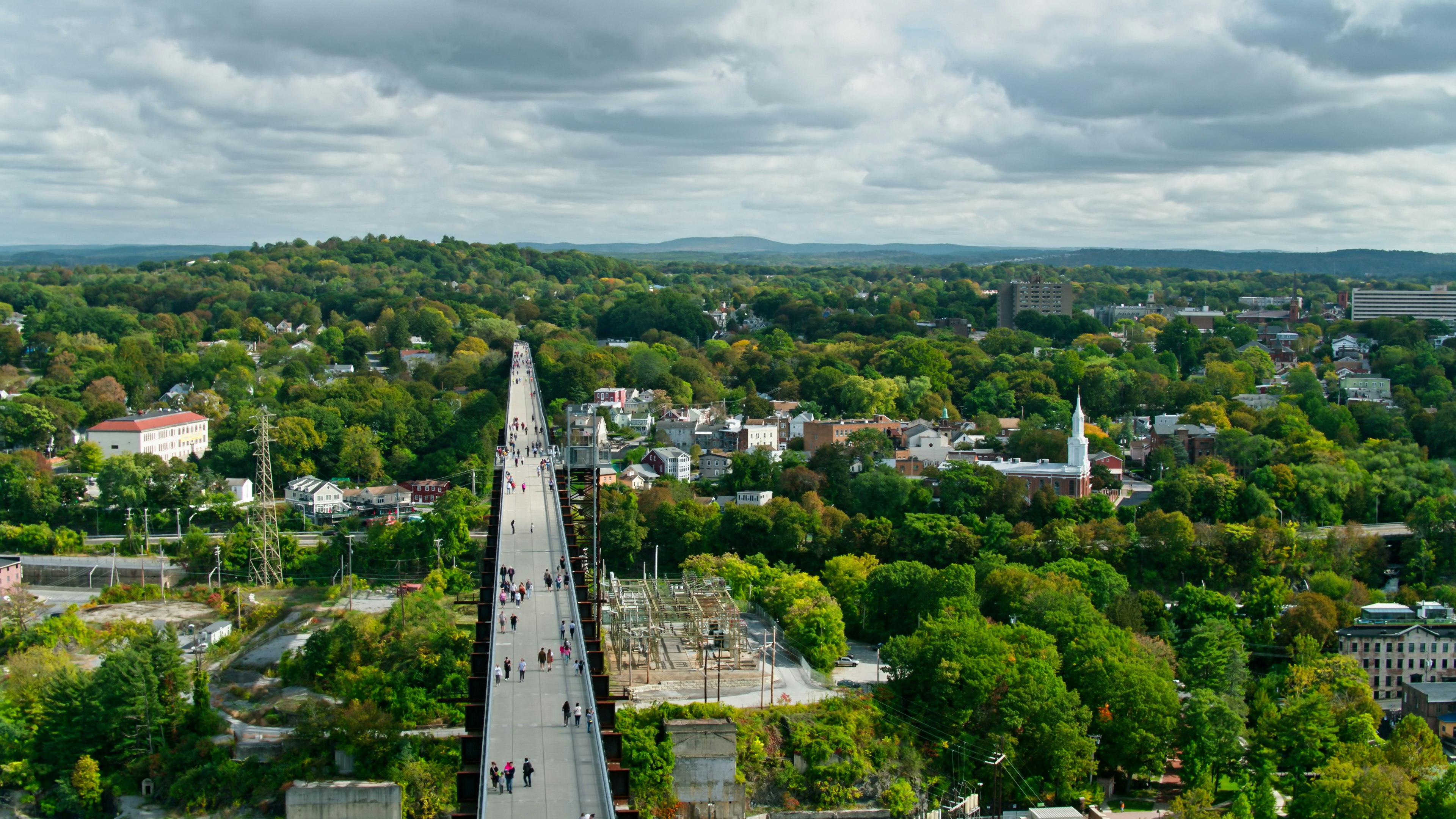 Drone shot of Walkway Over the Hudson, a former railway bridge converted into a pedestrian walkway across the Hudson River