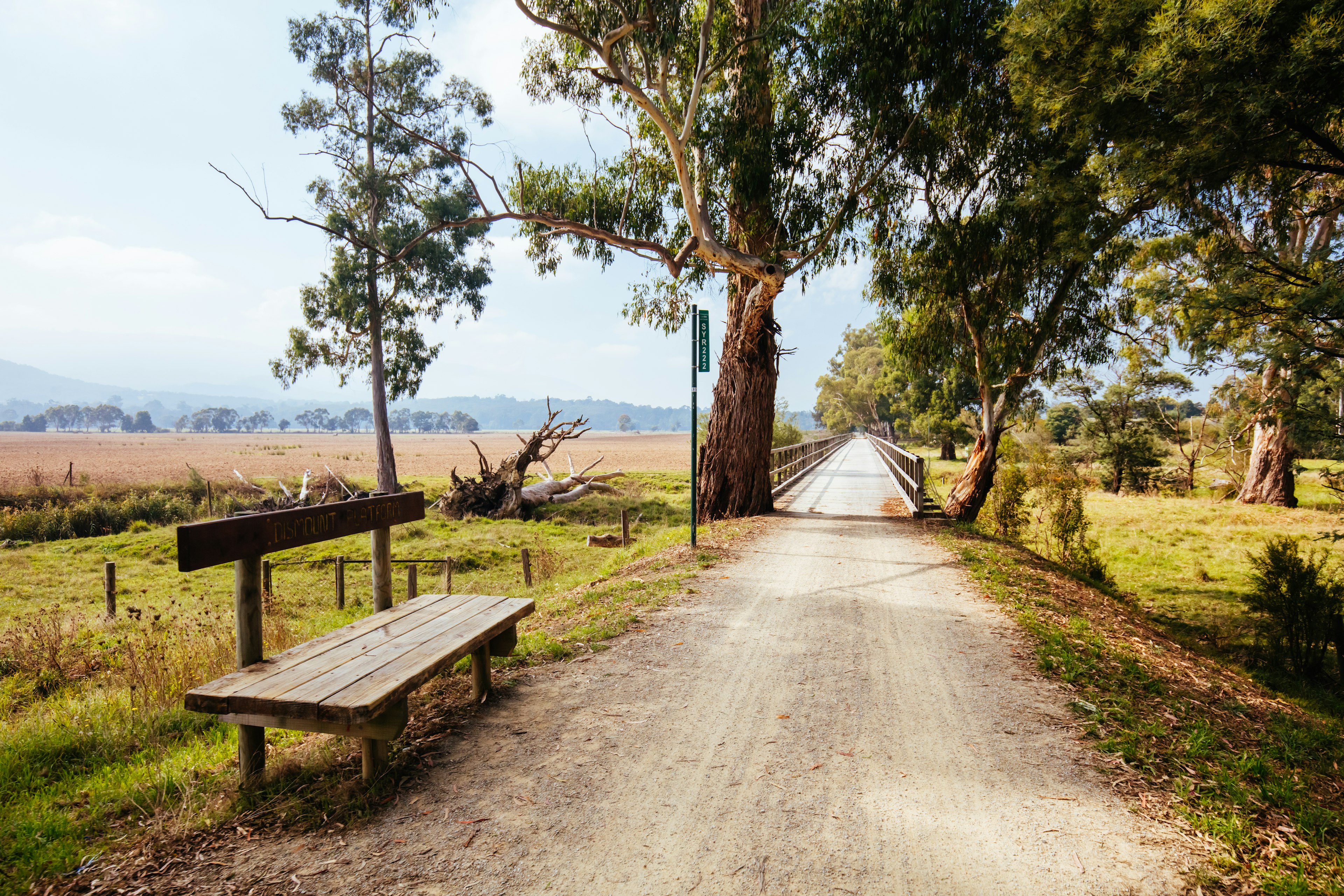 A narrow, straight walking path runs through green fields between Lilydale and Warburton in Australia.