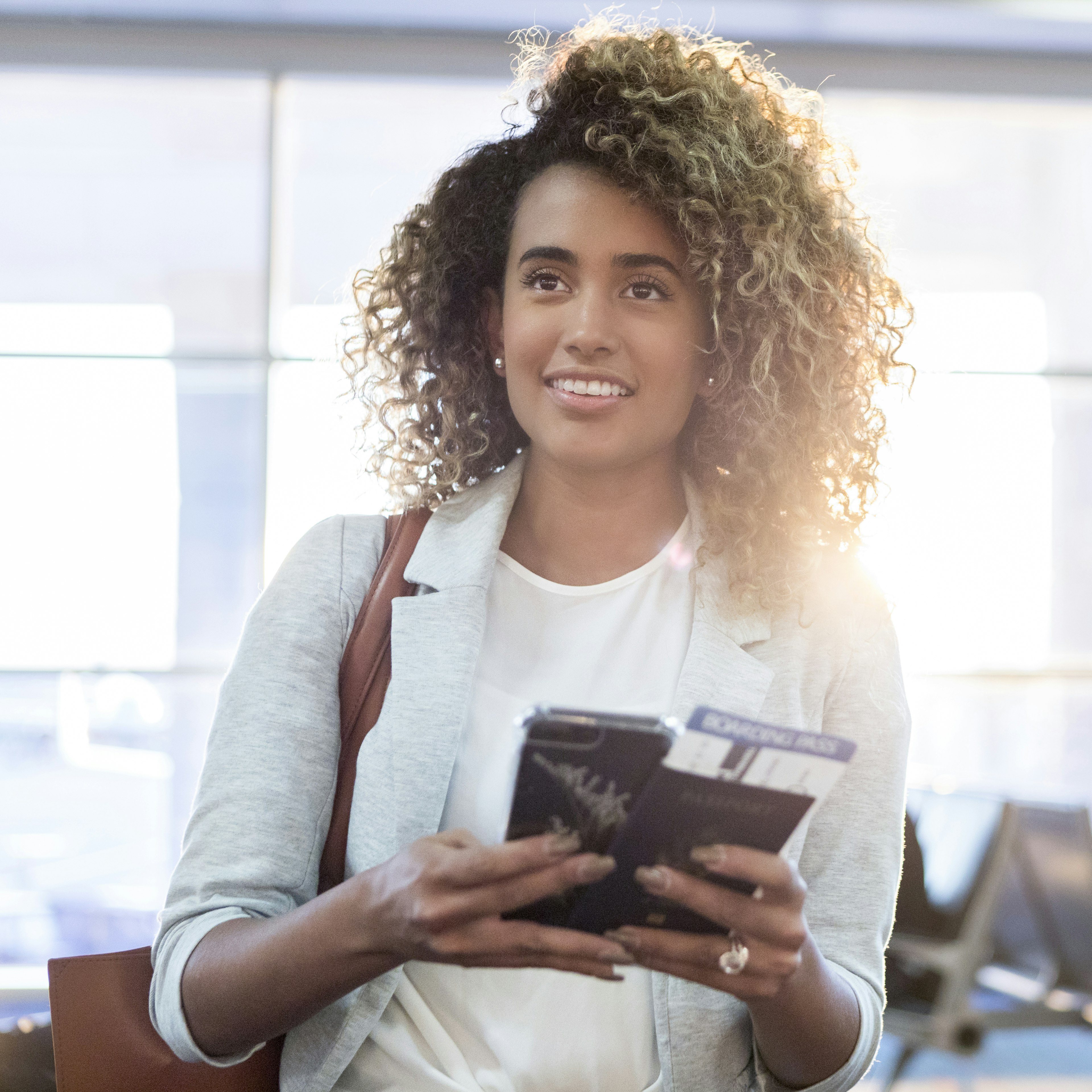 Businesswoman prepares to board international flight