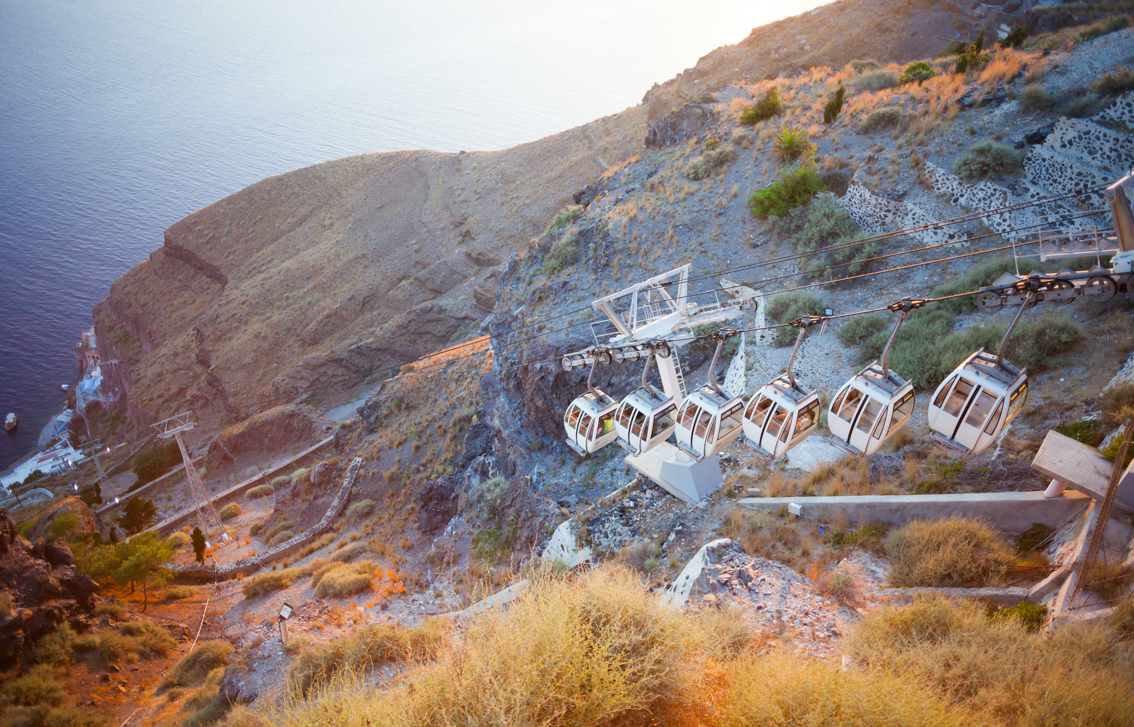 The cablecar ascending up the cliffside in Fira, Santorini