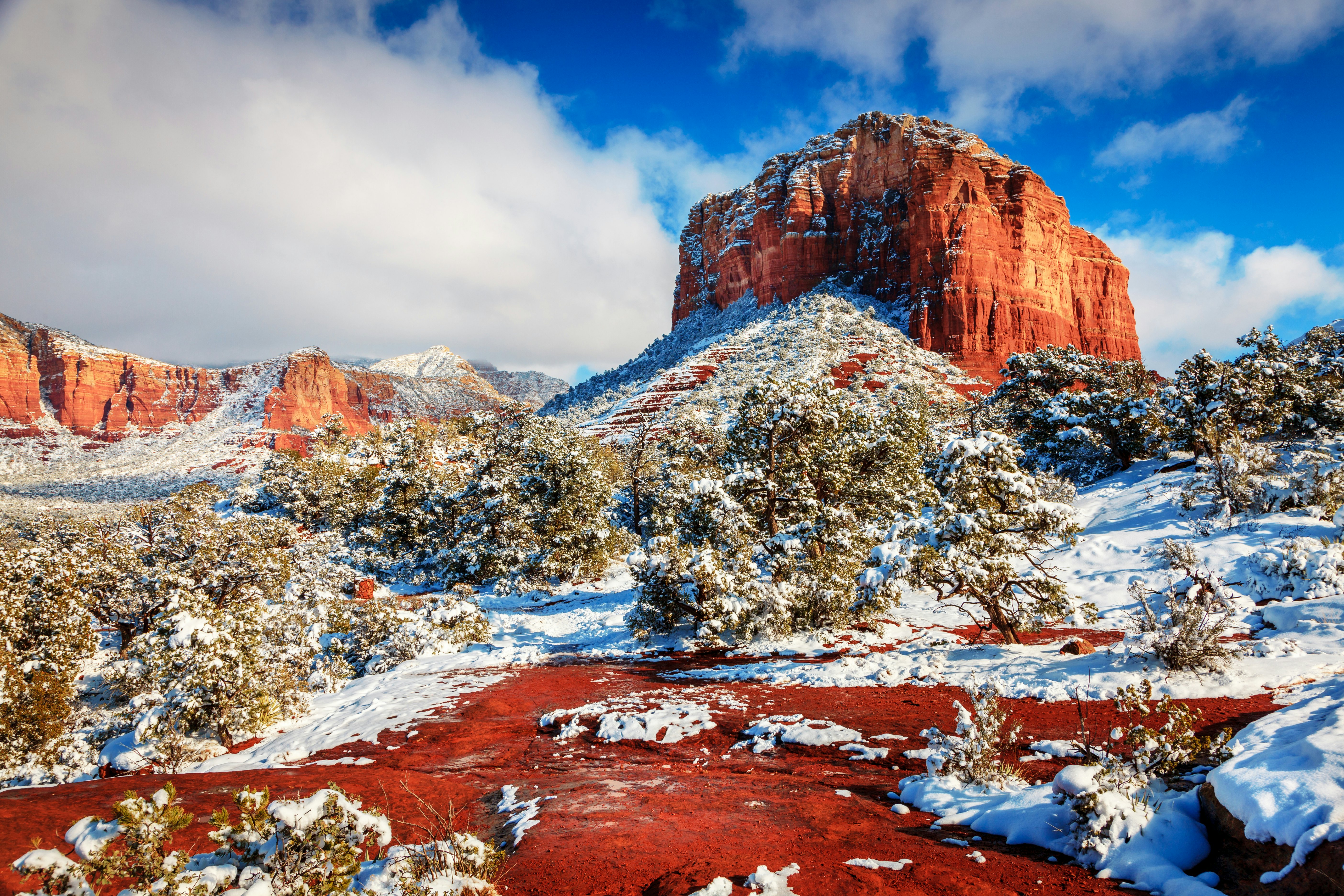 The red rock of Courthouse Butte in Sedona covered in a light dusting of snow