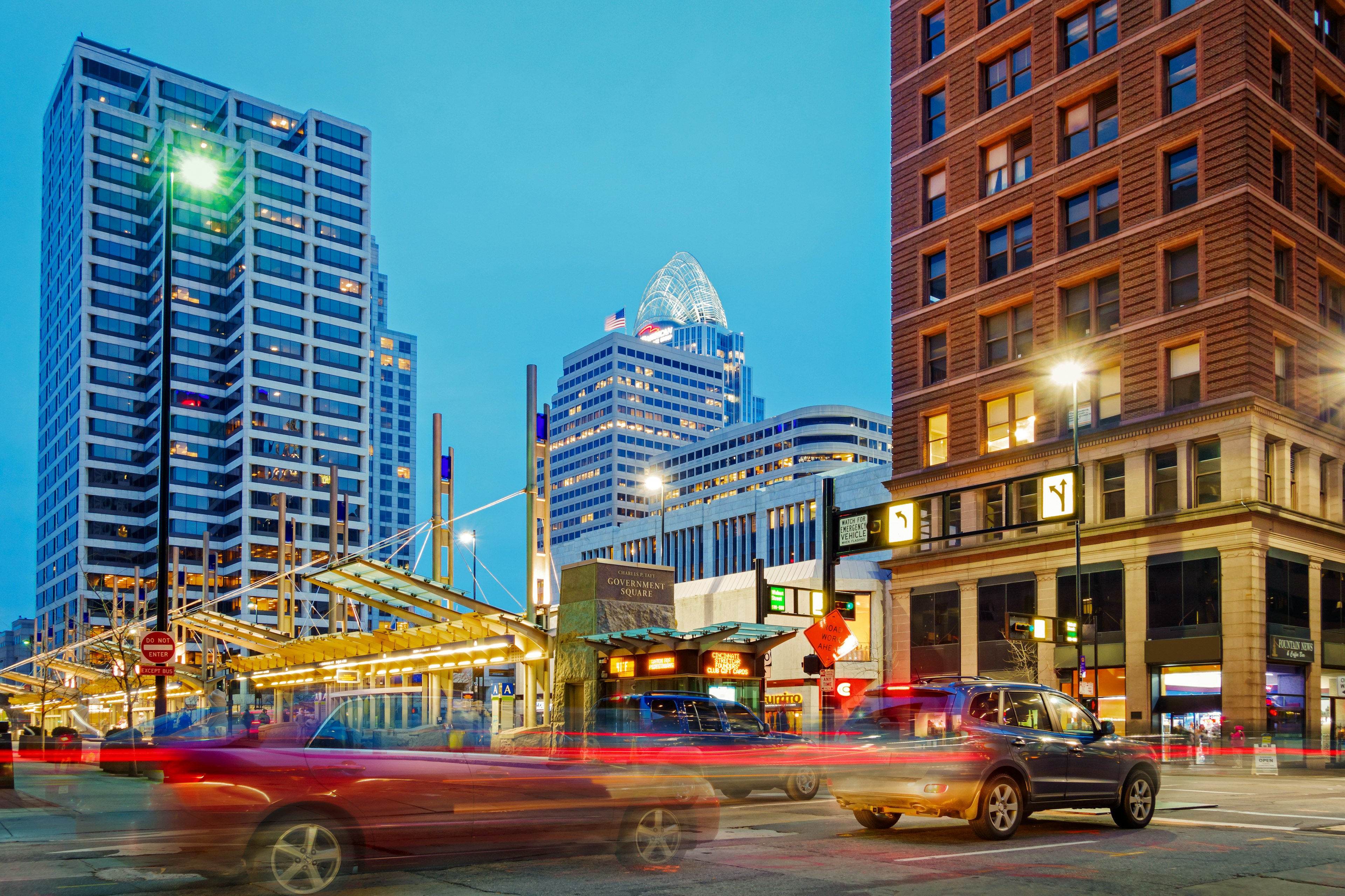 Colorful Urban Scene with Traffic in Downtown Cincinnati Ohio USA