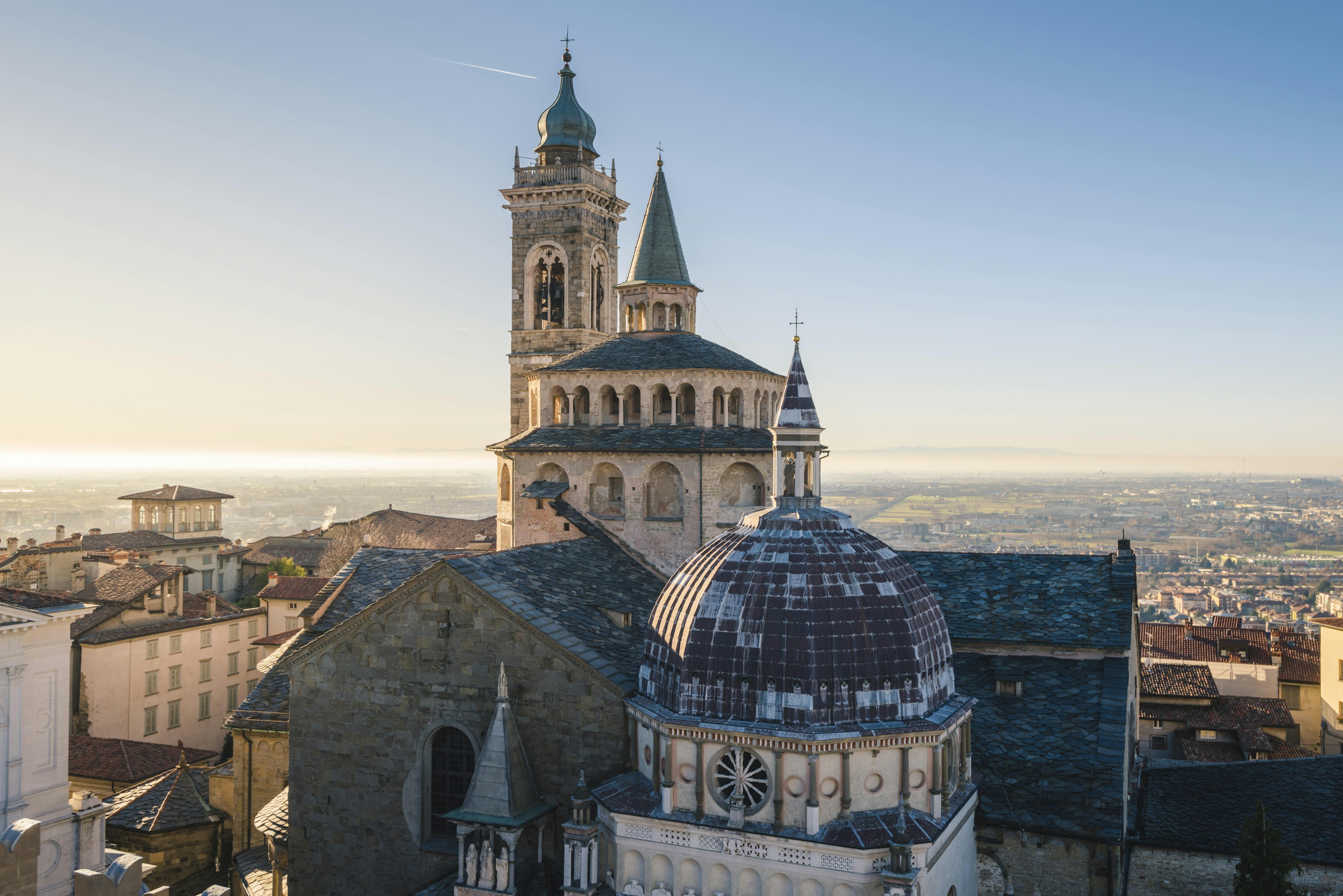 View of the cityscape and Saint Mary Major Basilica of Bergamo, Italy.