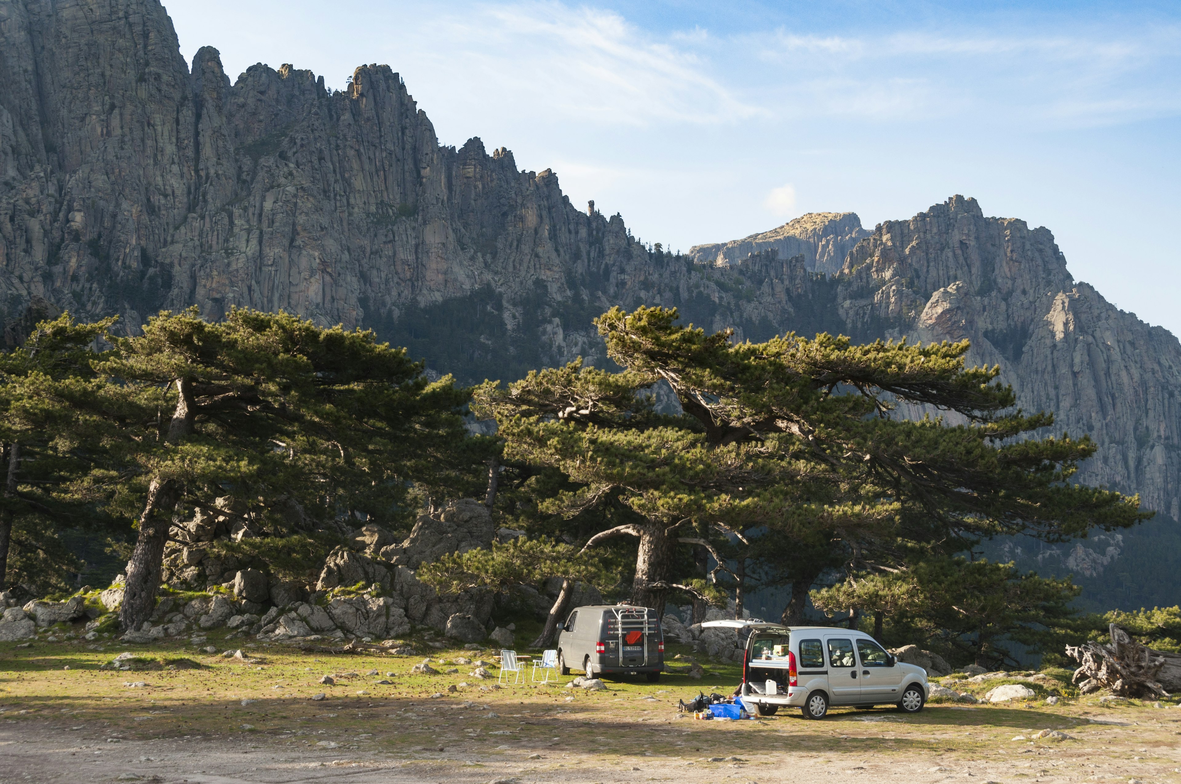 Bavella Needles (Les Aiguilles de Bavella) landscape with visiting vehicles