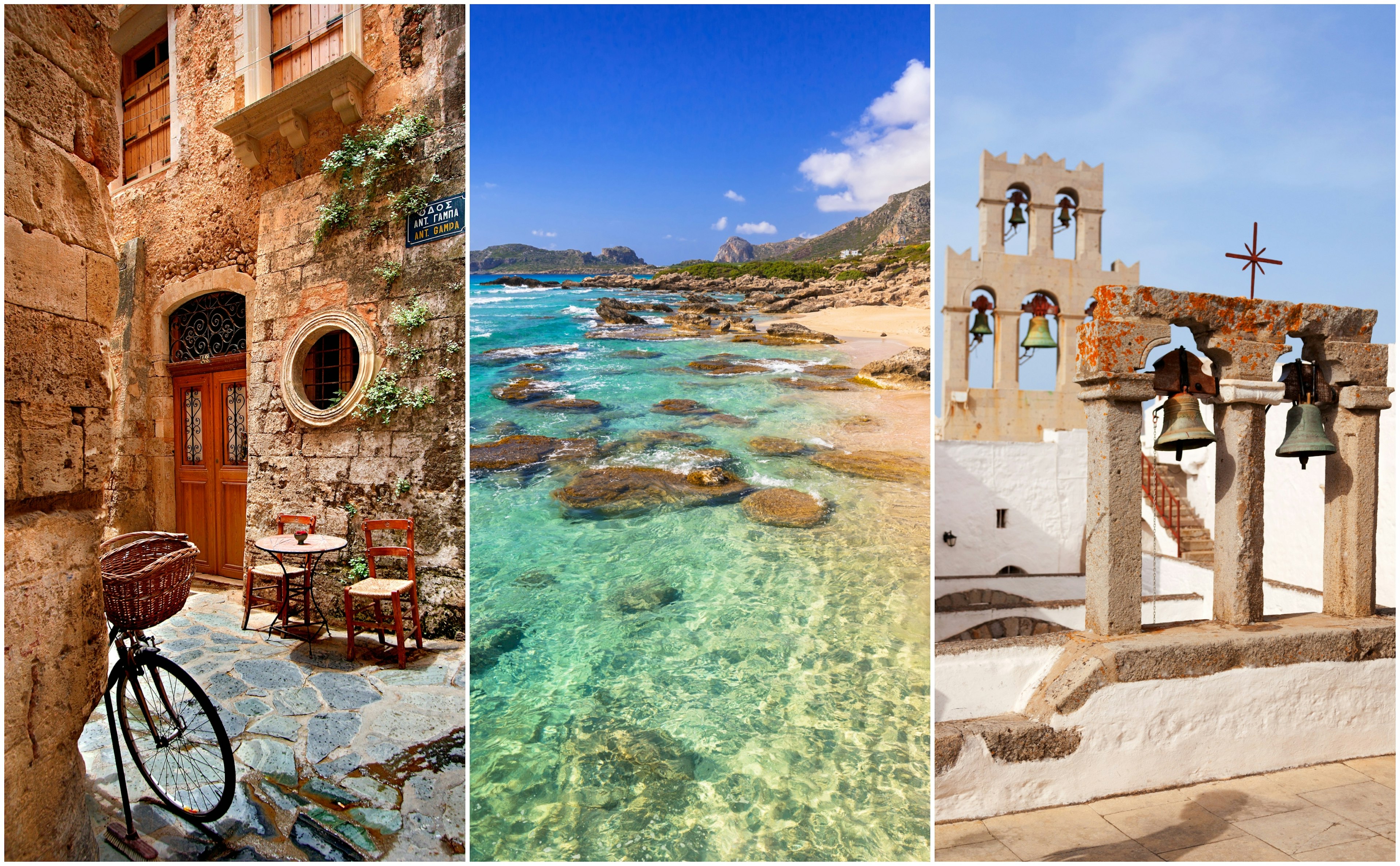 Left: a bike leans against a wall in a narrow alleyway; middle: waves lap at a sandy shore; right: a church with distinct bell towers