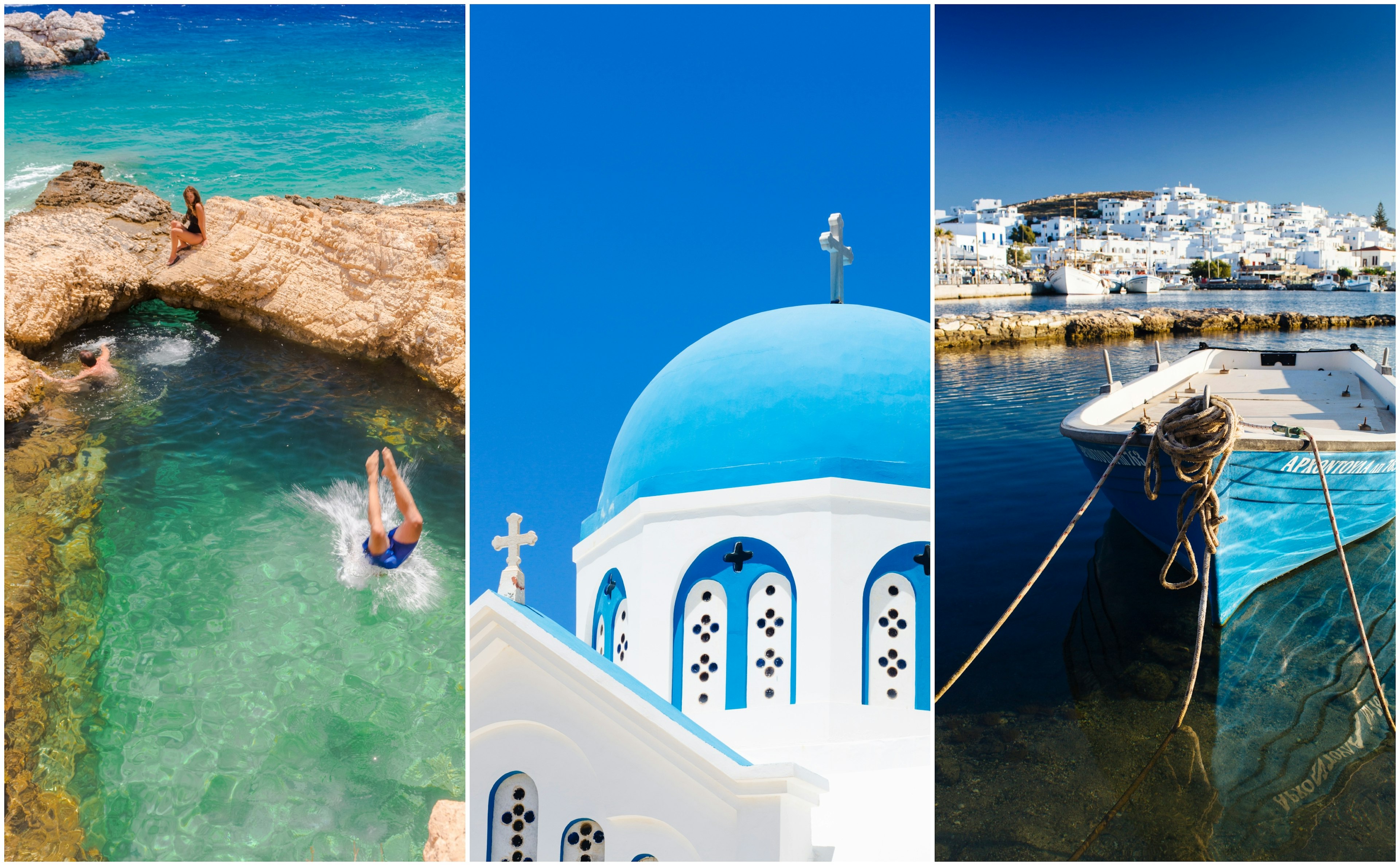 Left: a diver plunges down into a natural sea pool; middle: a blue-domed church; right: a small boat docked in harbor