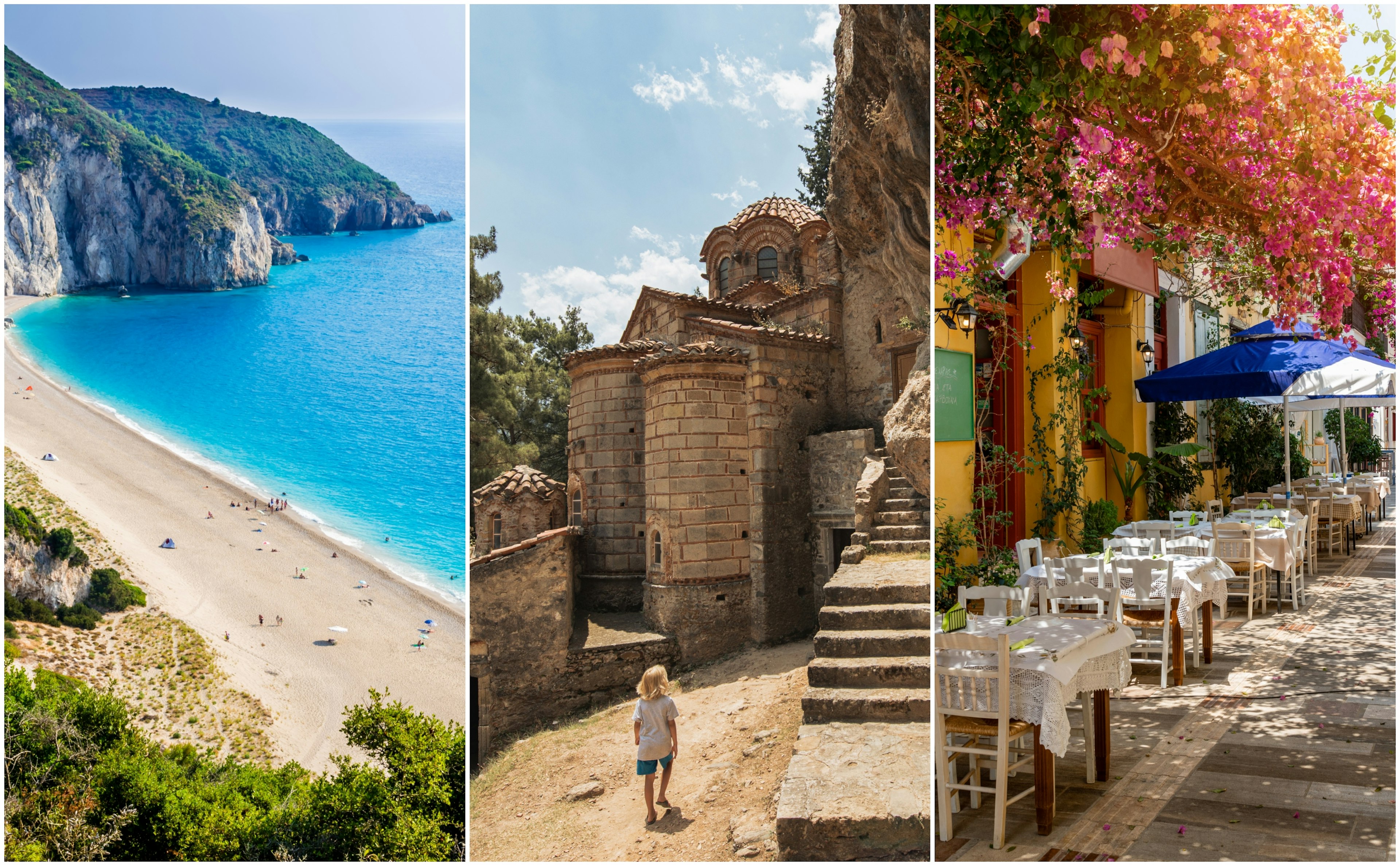 Слева: изгиб пляжа на острове; посередине: ребёнок бродит между стенами укреплённого города; справа: улица, выложенная ресторанами с столами и стульями