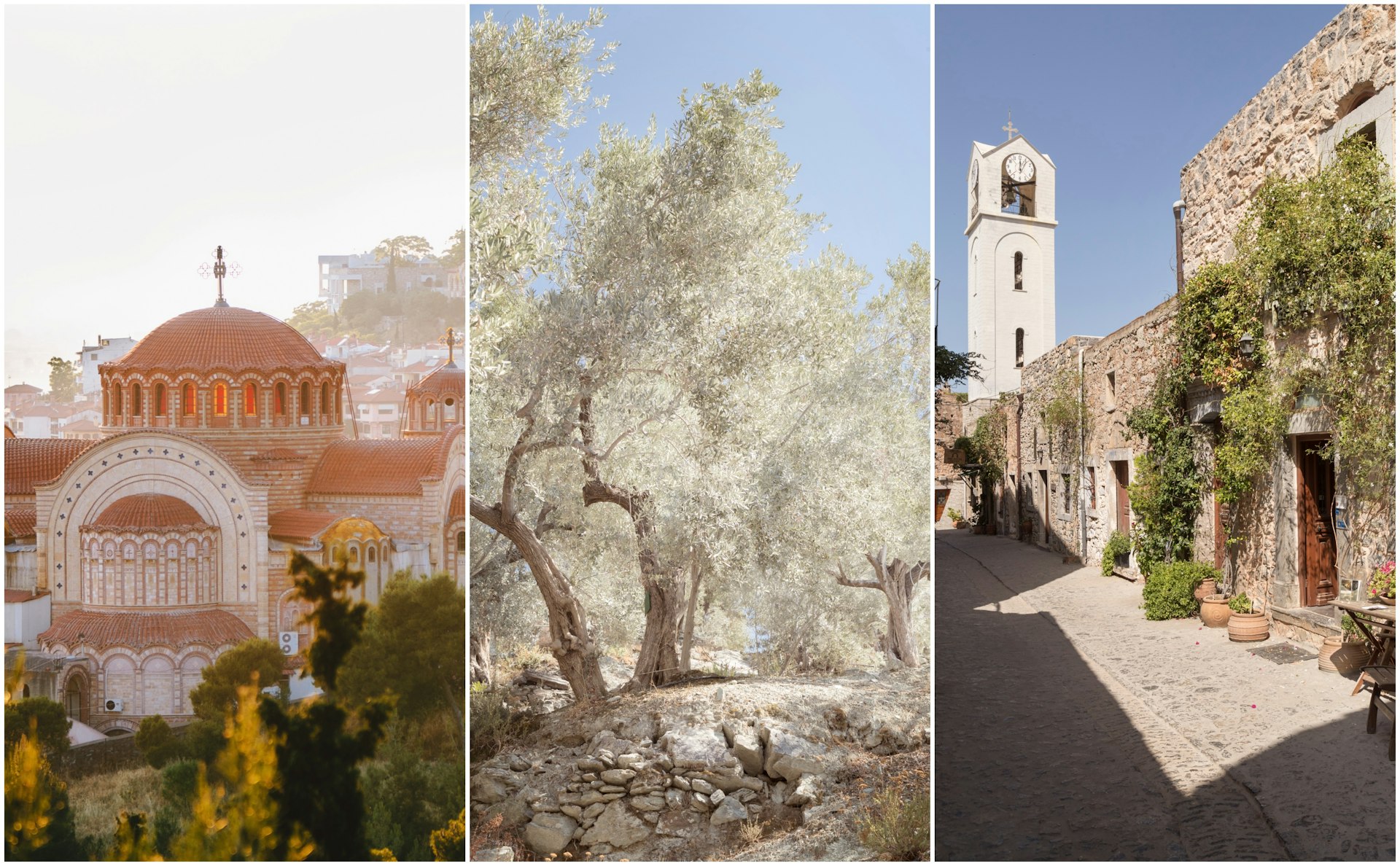 Left: a domed church in a city; middle: an ancient olive grove; right: a quaint village street with a large bell tower