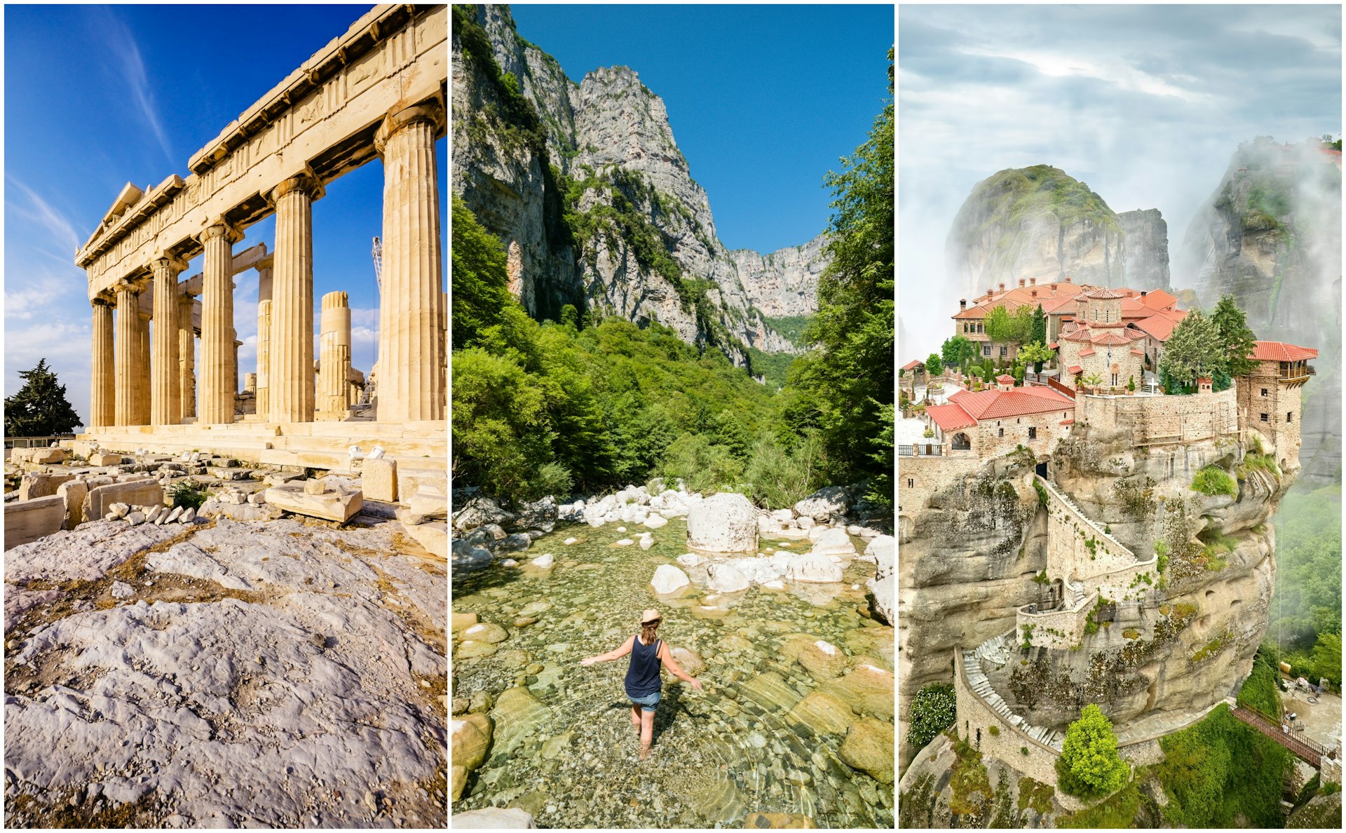 Left: Ruins of an ancient hilltop temple; middle: a woman wades through a river in a gorge; right: a hilltop monastery rises out of the mist. 