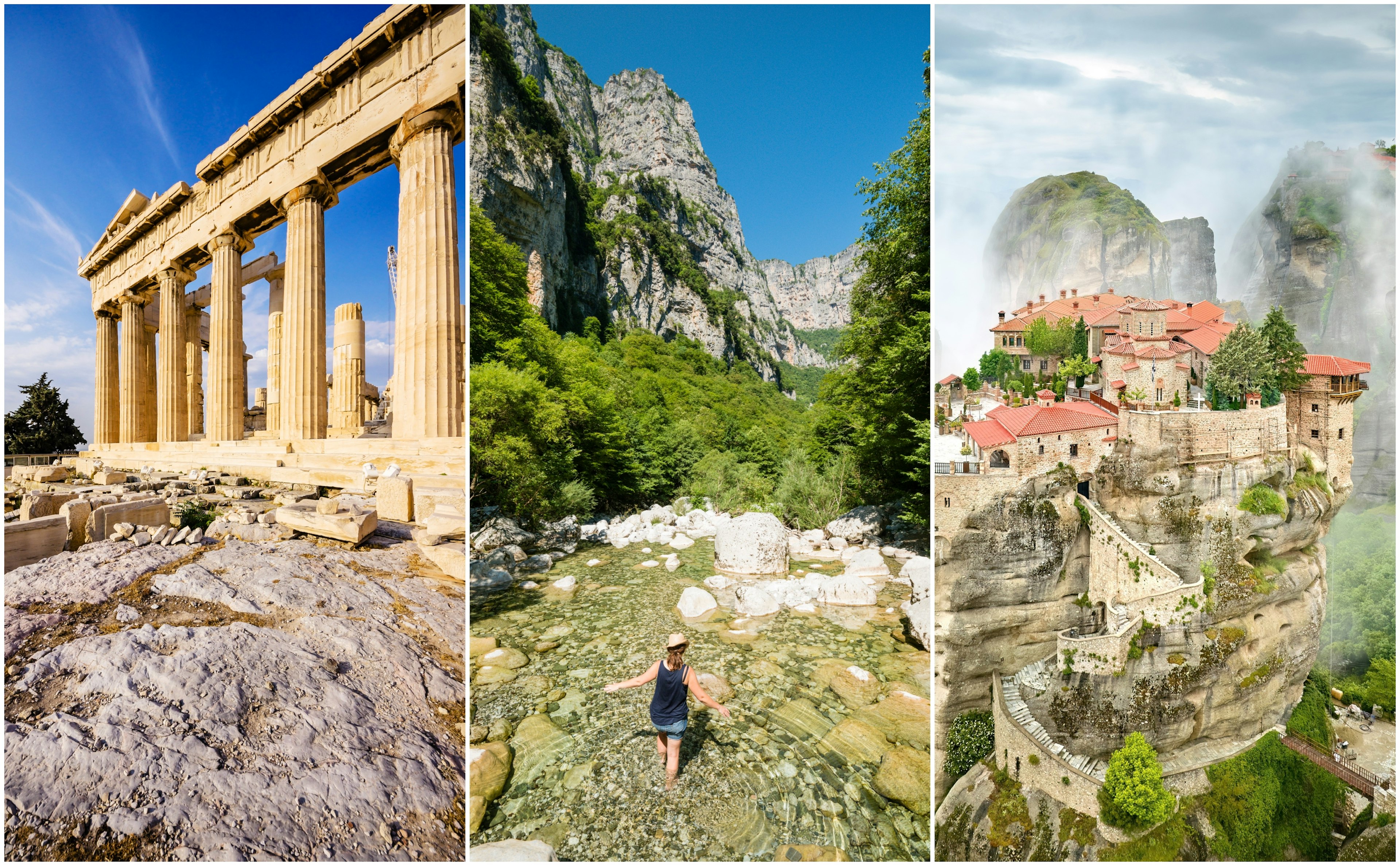 Left: Ruins of an ancient hilltop temple; middle: a woman wades through a river in a gorge; right: a hilltop monastery rises out of the mist.